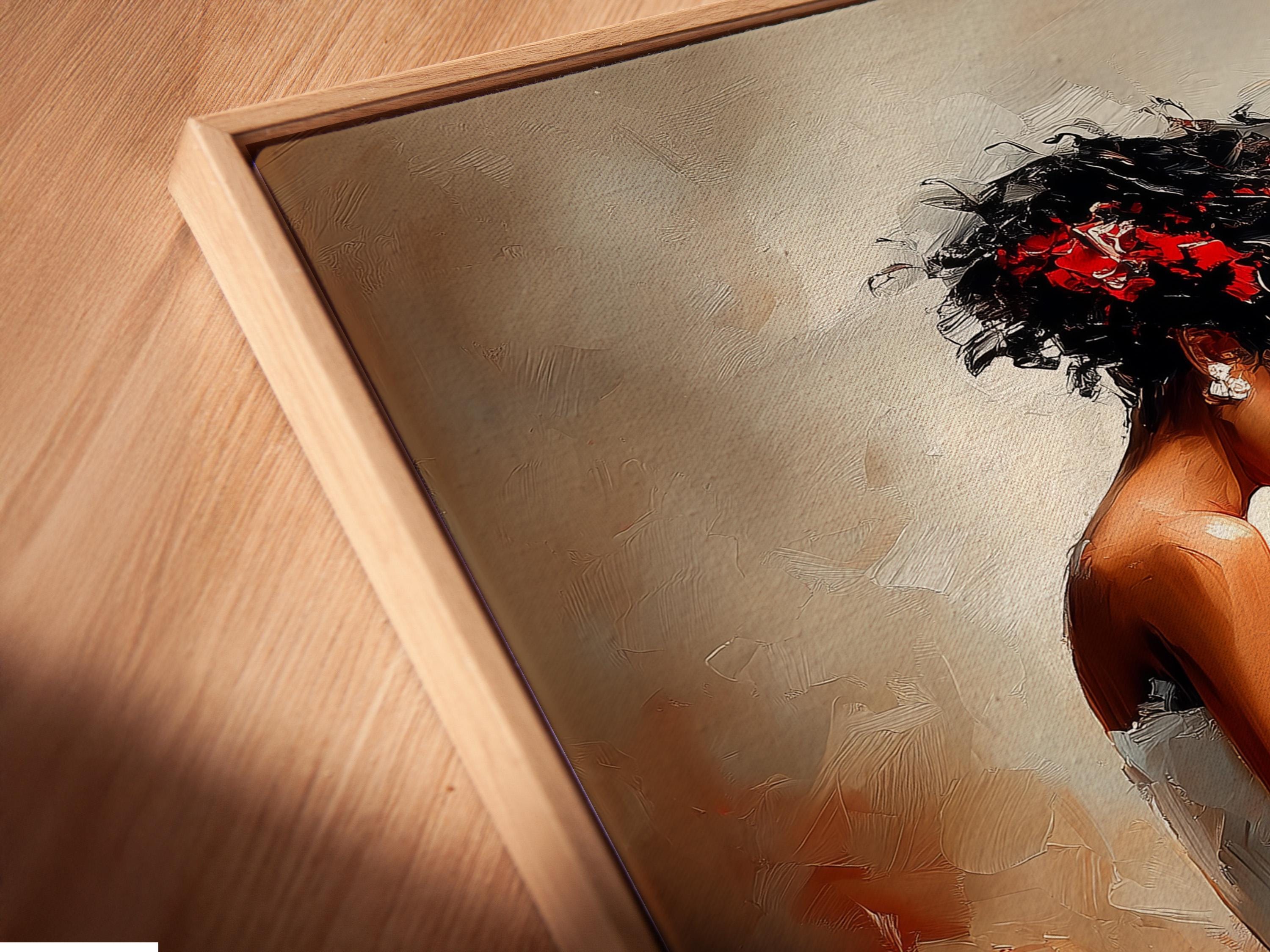 Portrait painting of a woman playing the piano with black, red and light neutral tones detail view