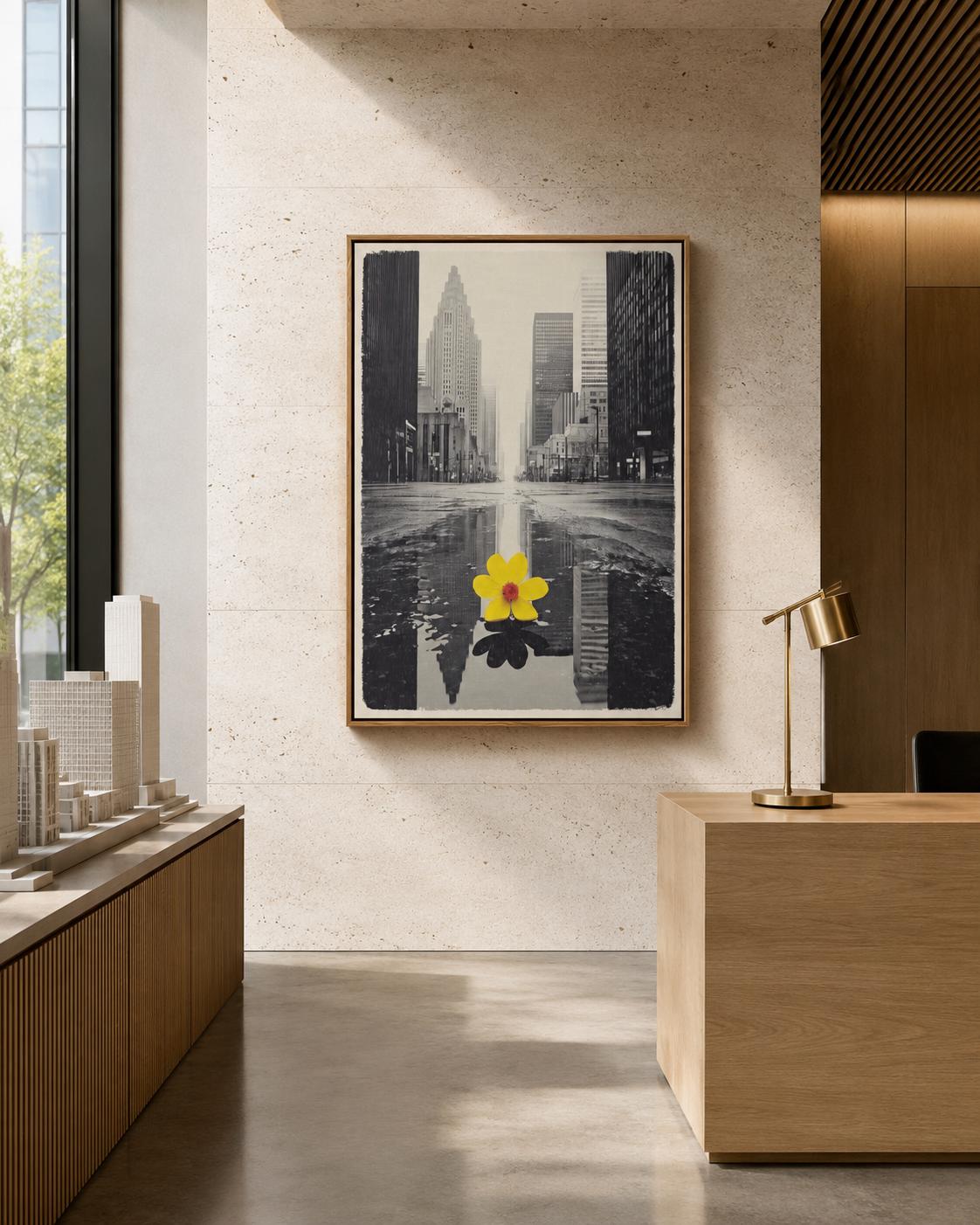 A monochrome city skyline is overlaid with a single bright yellow flower, reflected in water-like bands, creating a high-contrast urban accent detail