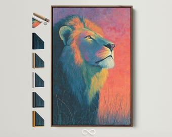Lion Canvas Art - Modern Animal Print, Teal Orange Wall Decor, Safari Artwork for Living Room, Regal Home Decor Gift
