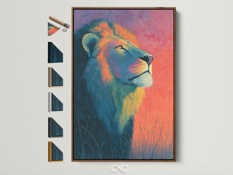 Stylised lion portrait facing right with teal, coral and gold tones