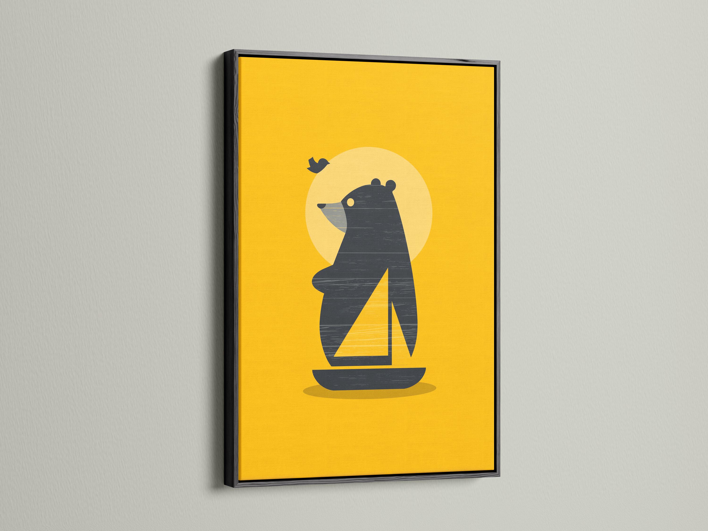 Room mockup showing a framed minimalist bear on a boat artwork on a yellow background