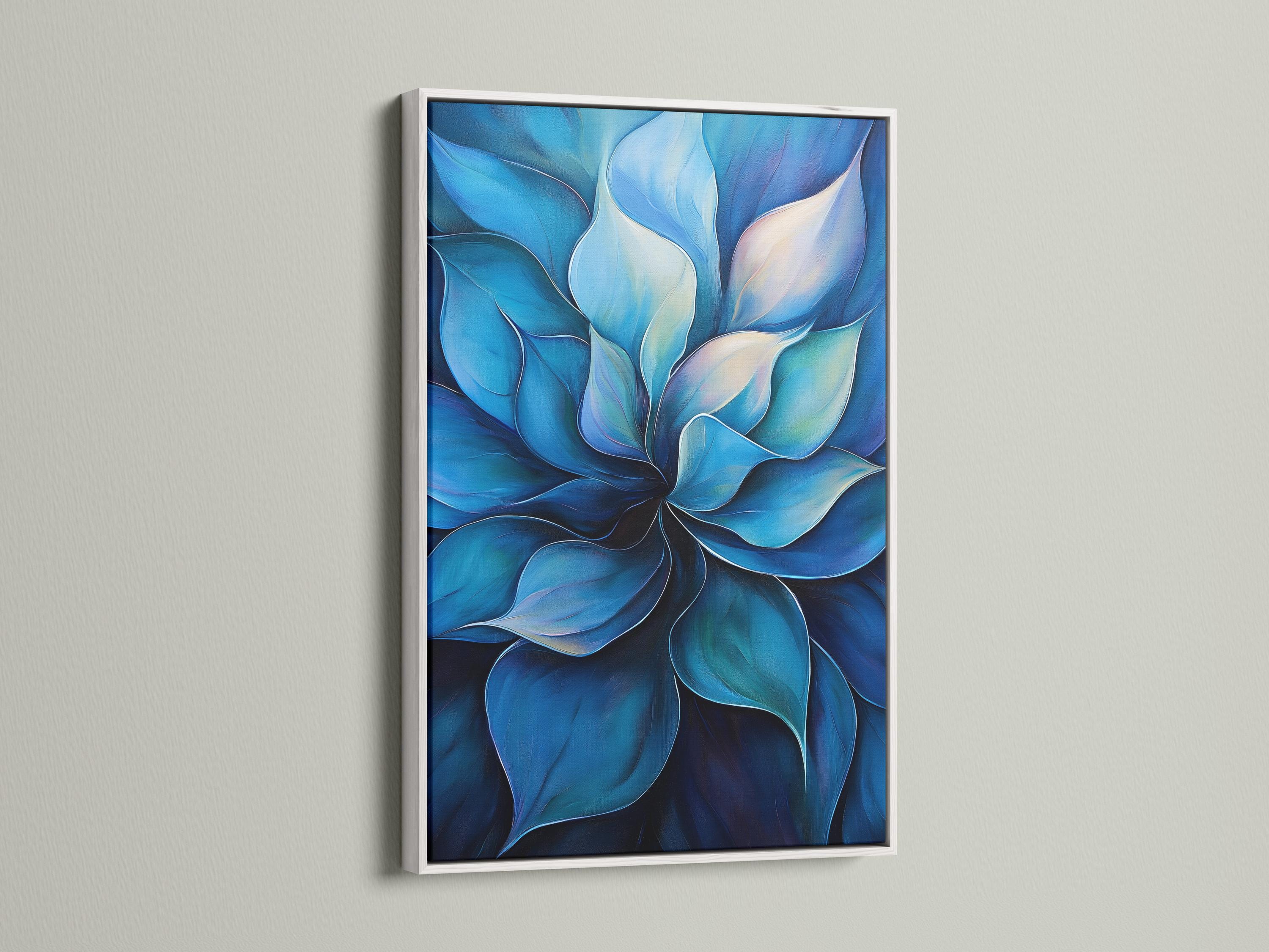 Blue abstract botanical artwork with layered petals and ivory highlights detail view