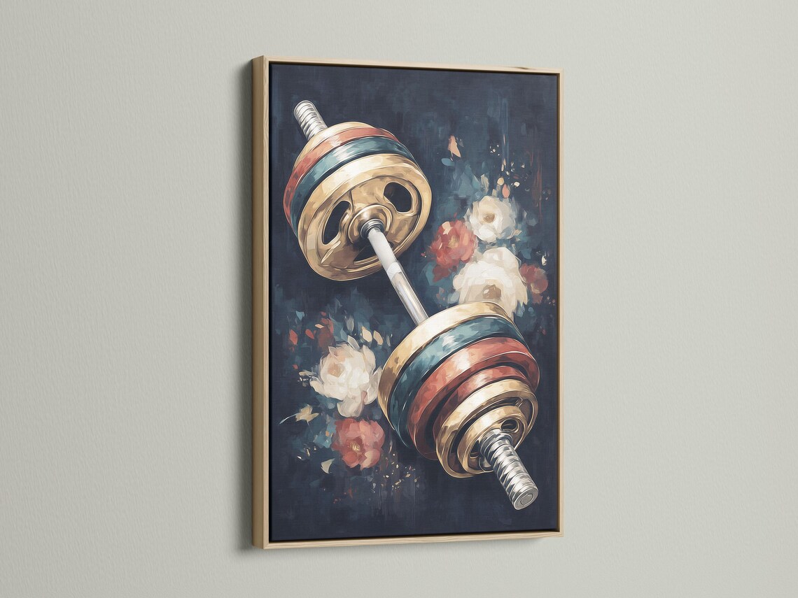 Diagonal barbell with metallic gold plates over dark floral background detail view