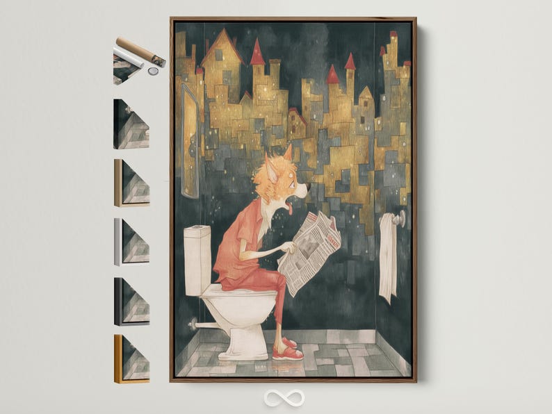 Orange fox reading a newspaper while seated on a white toilet with a moody cityscape background