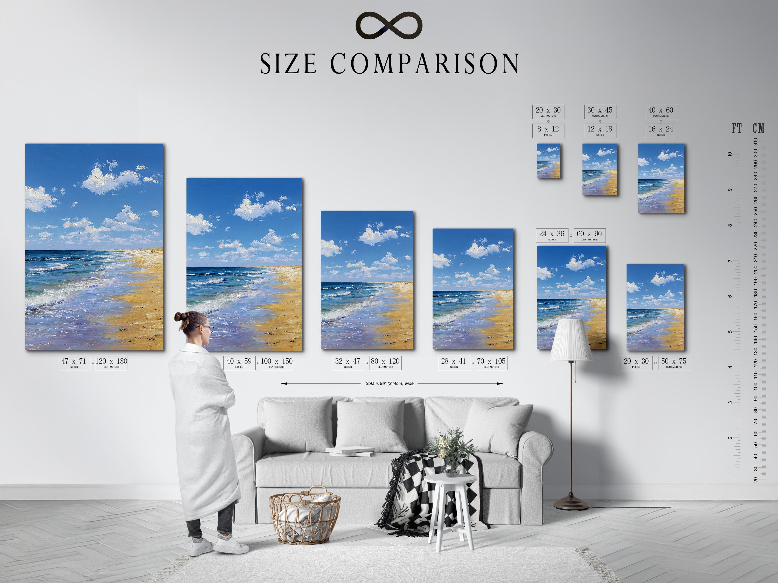 Room mockup showing a framed blue beach seascape artwork on a wall