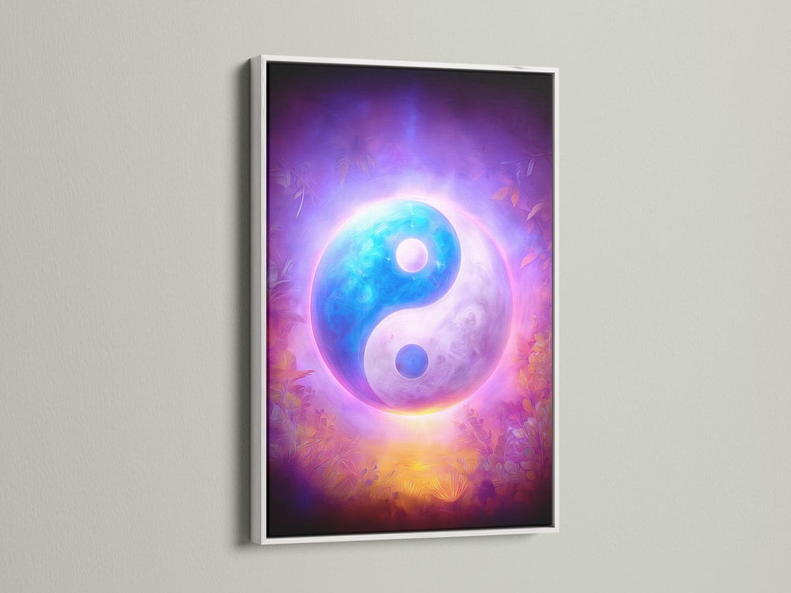 Room mockup showing a glowing purple and blue yin-yang artwork on a wall