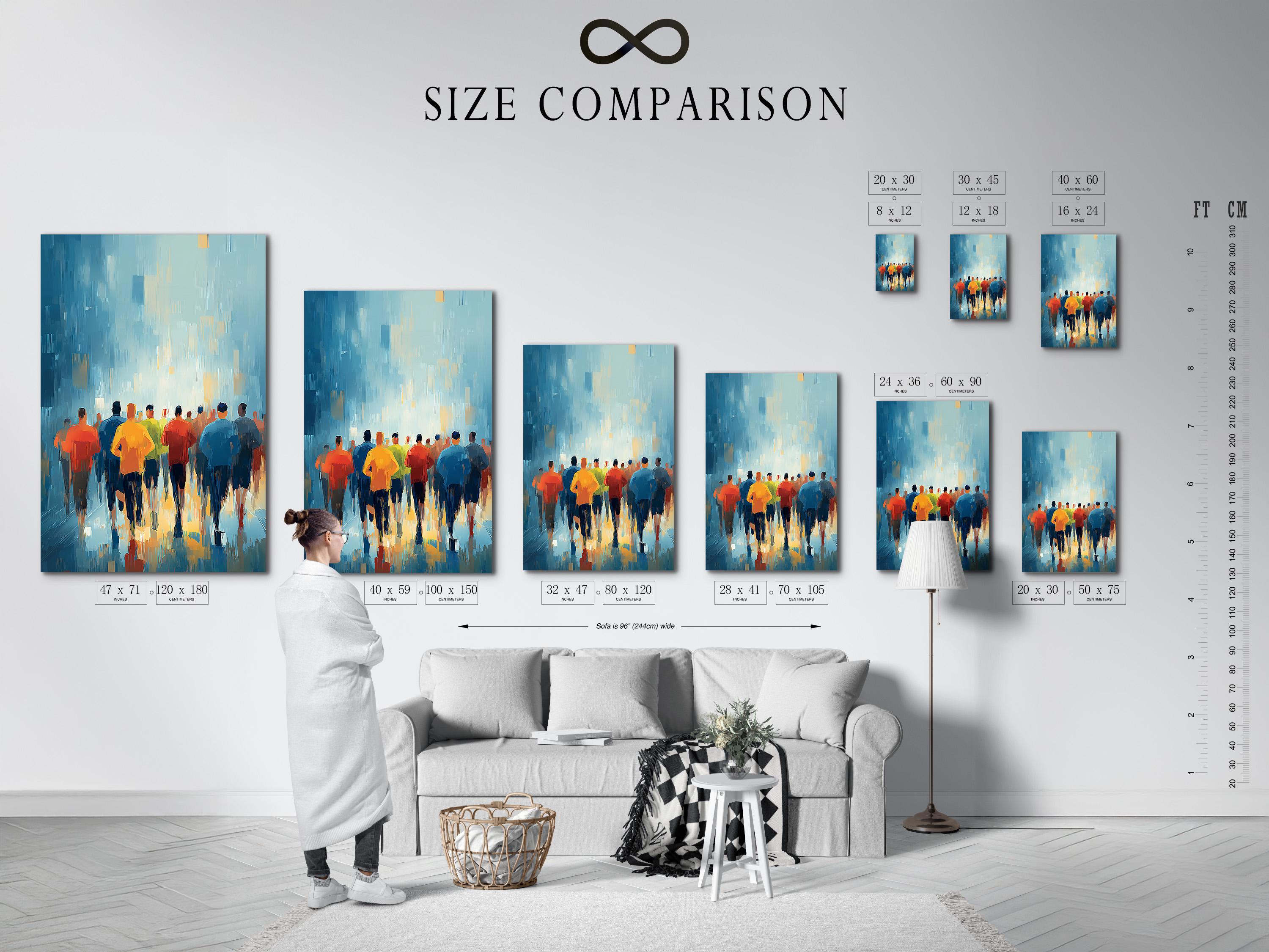Framed artwork mockup showing stylised runners on a blue city-like background
