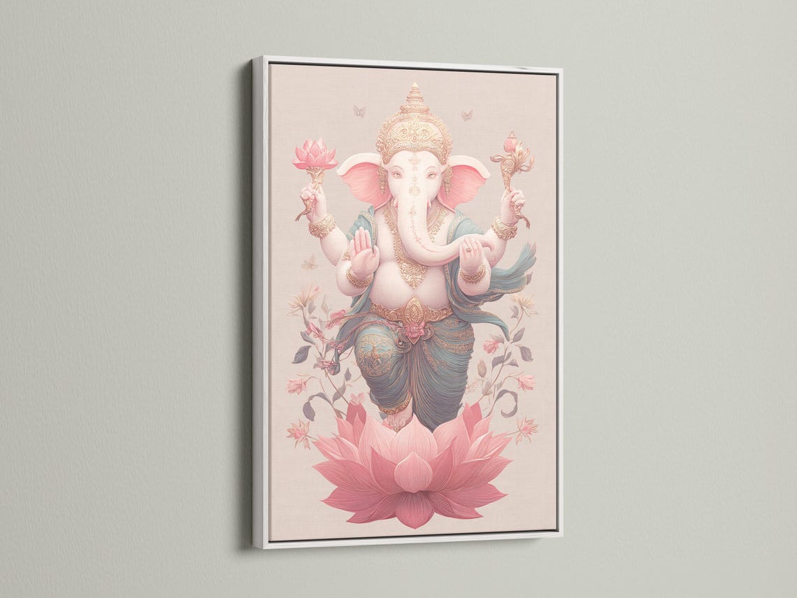 Elephant-headed deity figure with raised hands above a large pink lotus, with floral vines and butterflies detail view