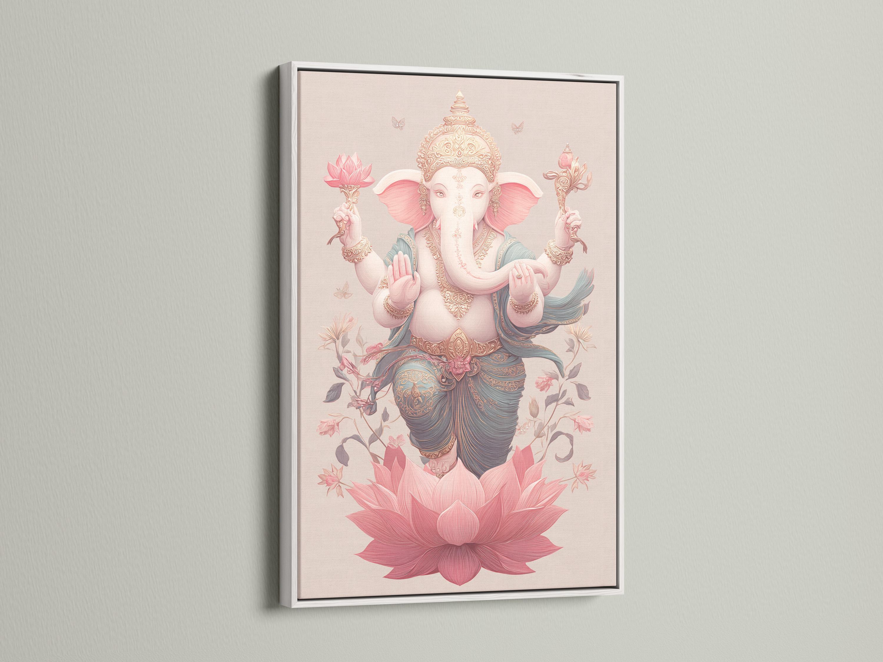 Elephant-headed deity figure with raised hands above a large pink lotus, with floral vines and butterflies detail view