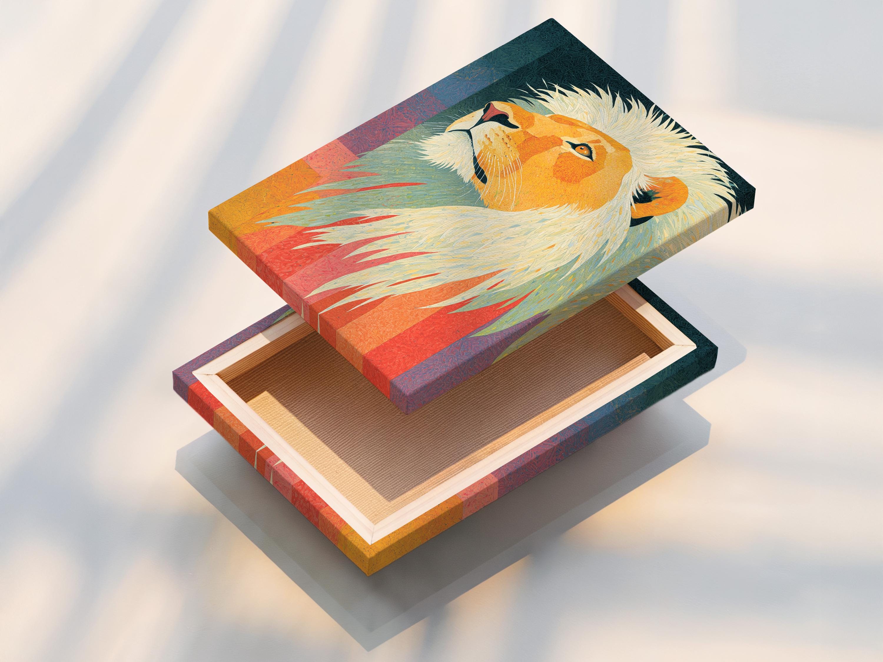 A lion portrait is shown in bright golden ochres with pale cream mane, set against a teal and sunset-coloured geometric background detail view