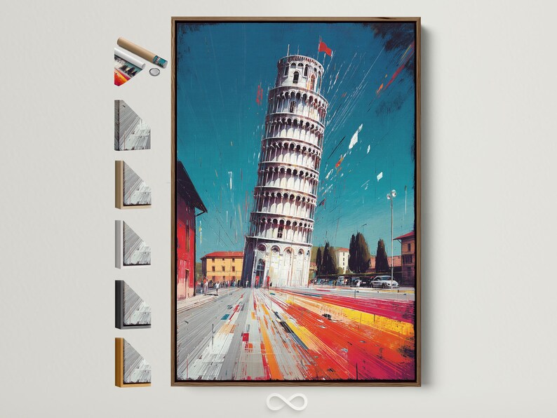 Stylised leaning tower above a teal sky with red, orange and yellow streaked city street
