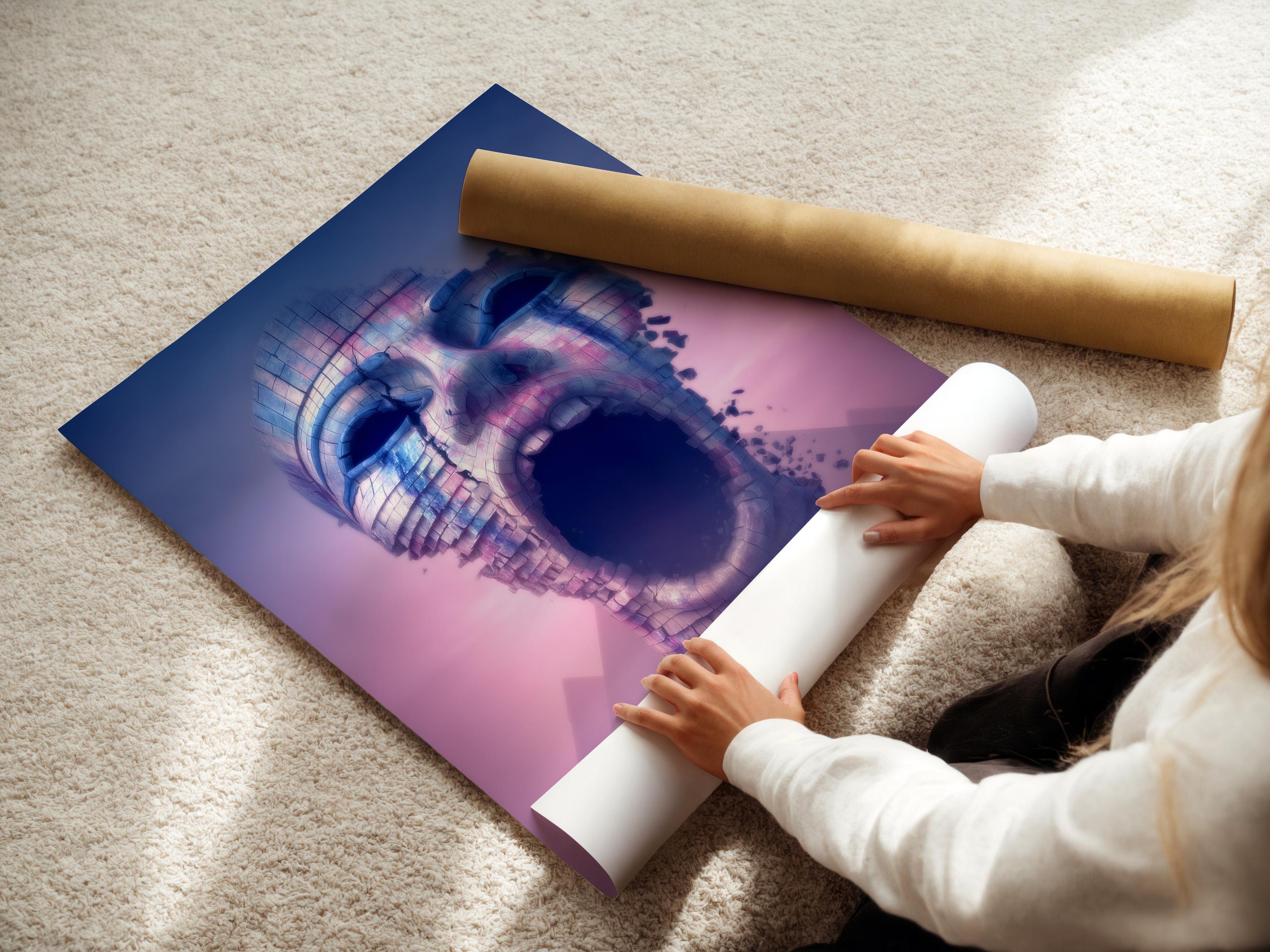 Portrait artwork of a surreal textured face in blue and pink-violet tones displayed in a mockup