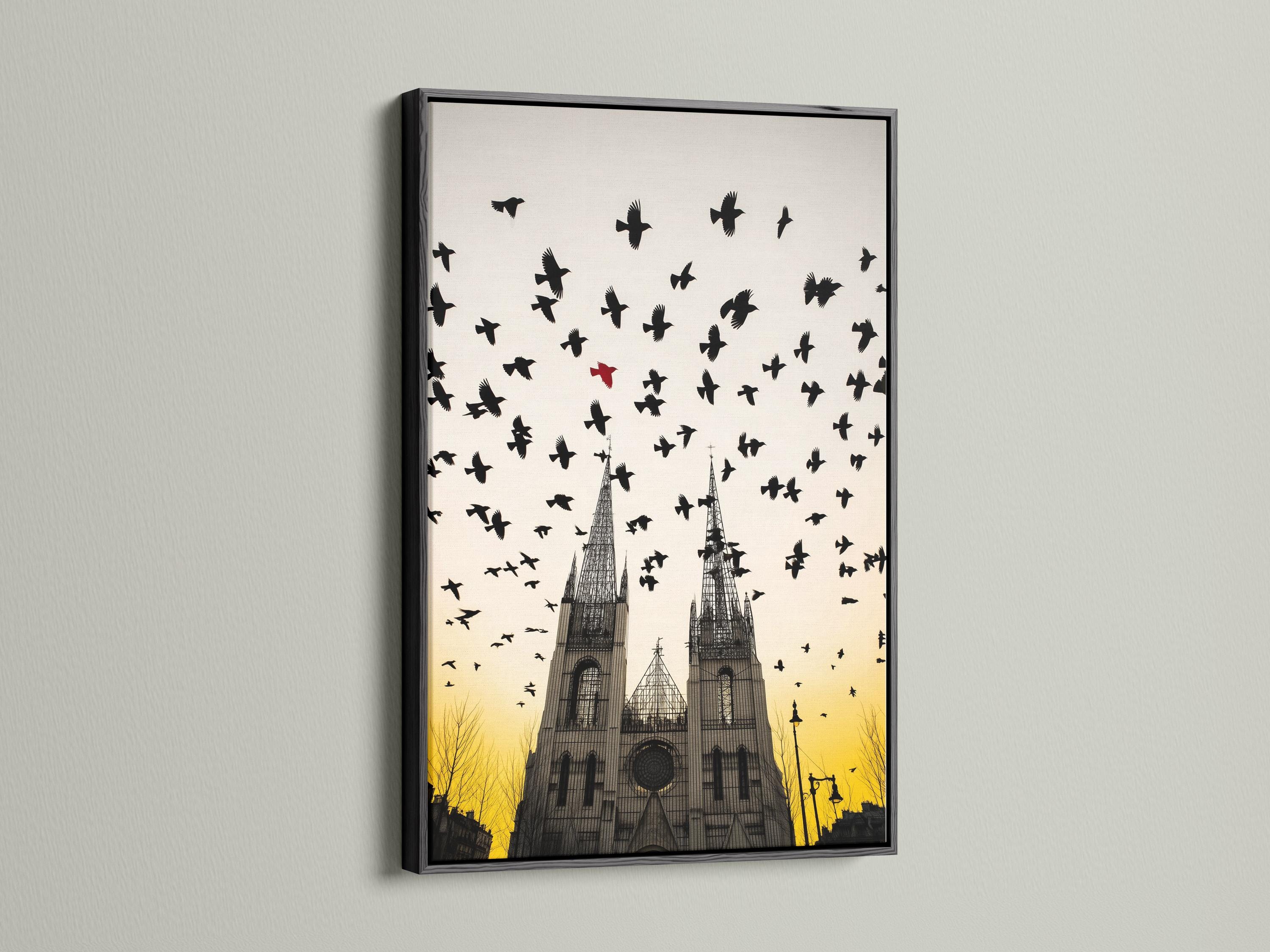Gothic cathedral with silhouetted birds in flight above a warm ochre sunset sky detail view