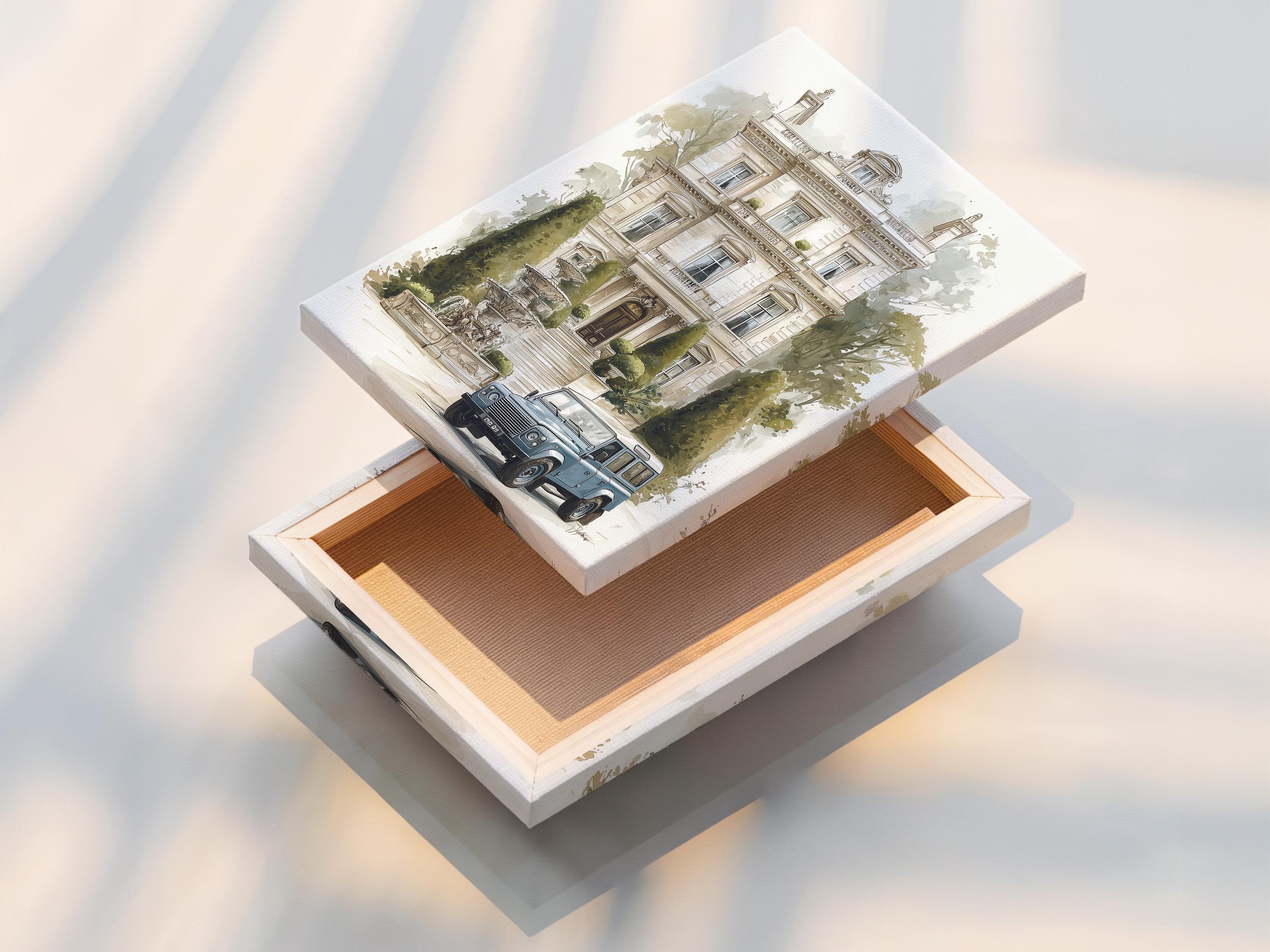 Room mockup showing a framed manor house artwork with trees and a blue vintage car
