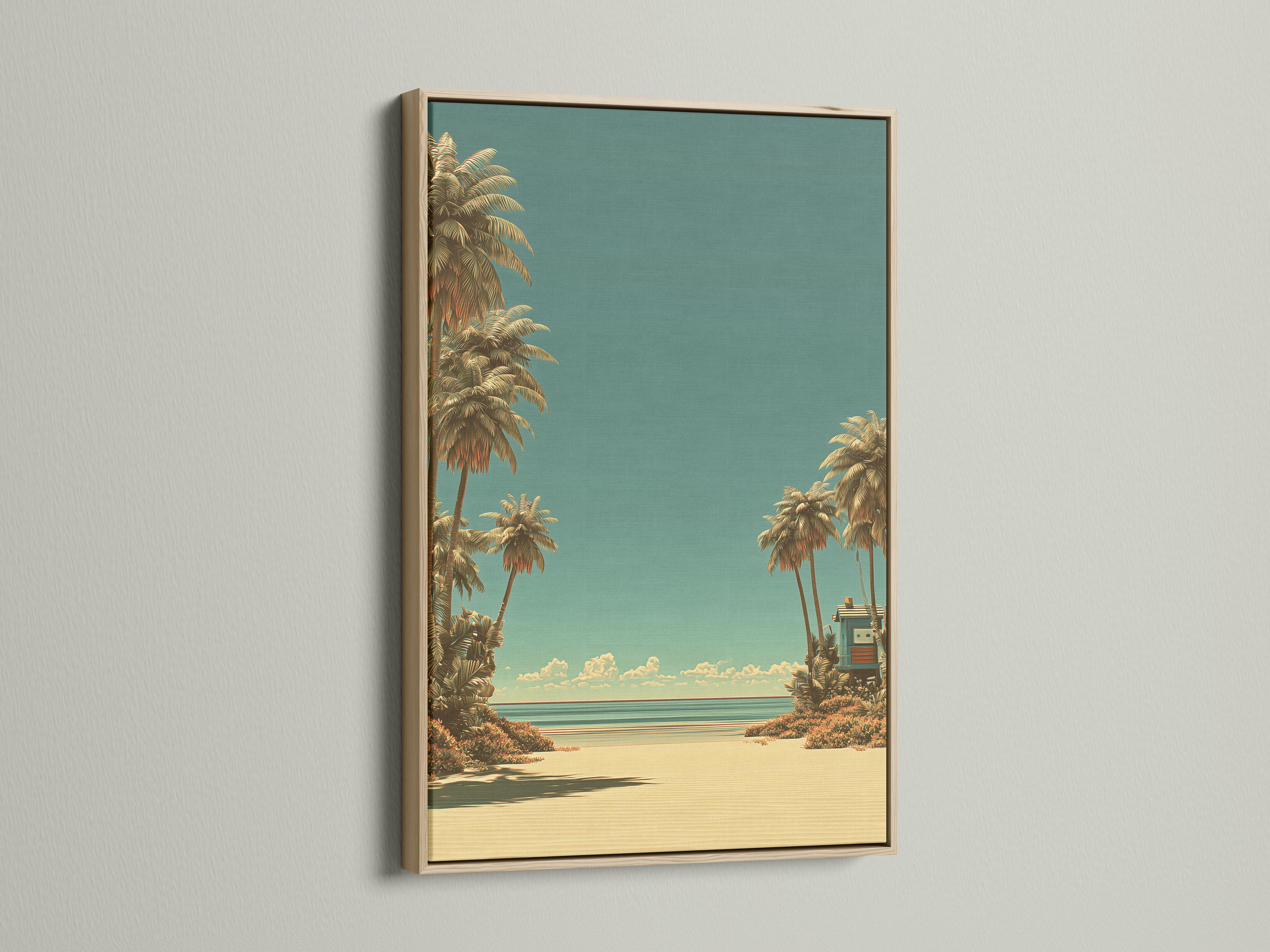 Mockup showing a framed tropical beach artwork on a wall