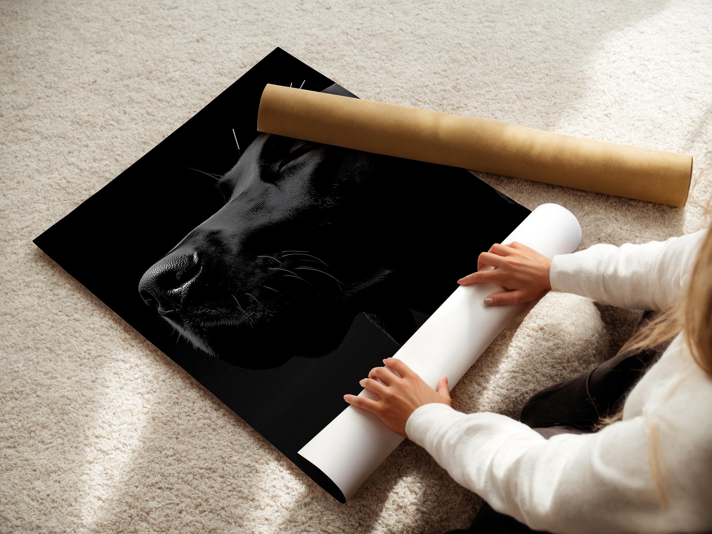 Monochrome dog portrait with crosshatched shading on a dark background detail view