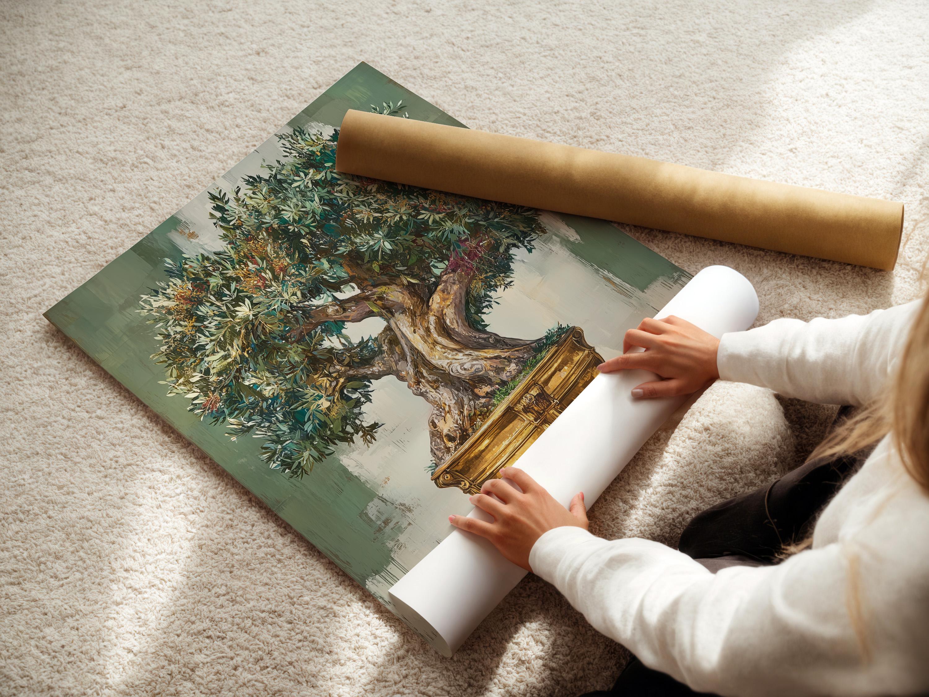 Room mockup showing olive tree wall artwork in a framed presentation