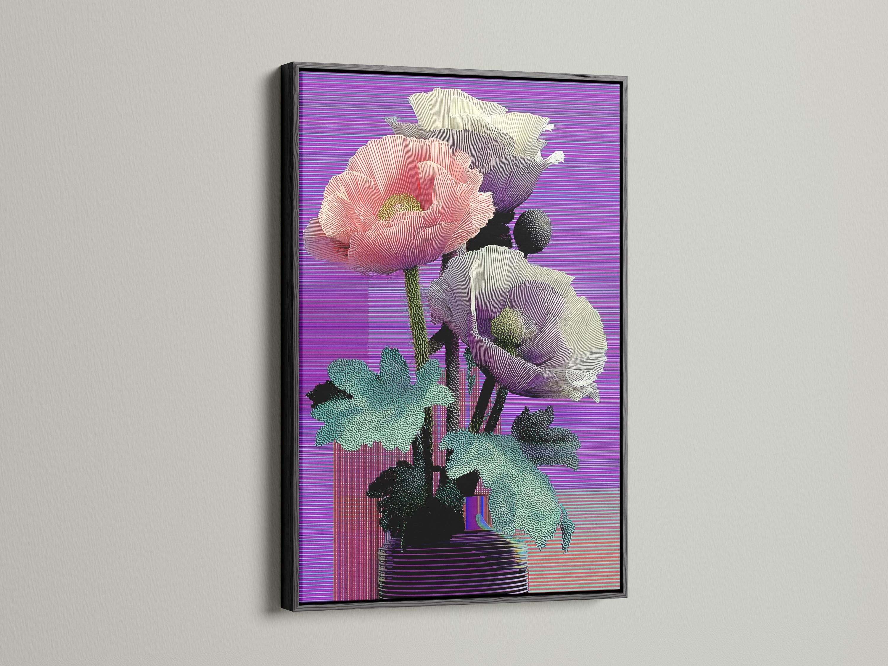 Retro glitch poppy flowers in pink, purple and teal with a striped vase and horizontal purple lines detail view