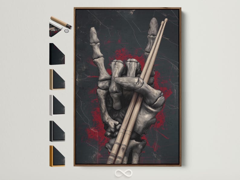 Gothic skeleton hands holding drumsticks on a dark charcoal background with red splatter