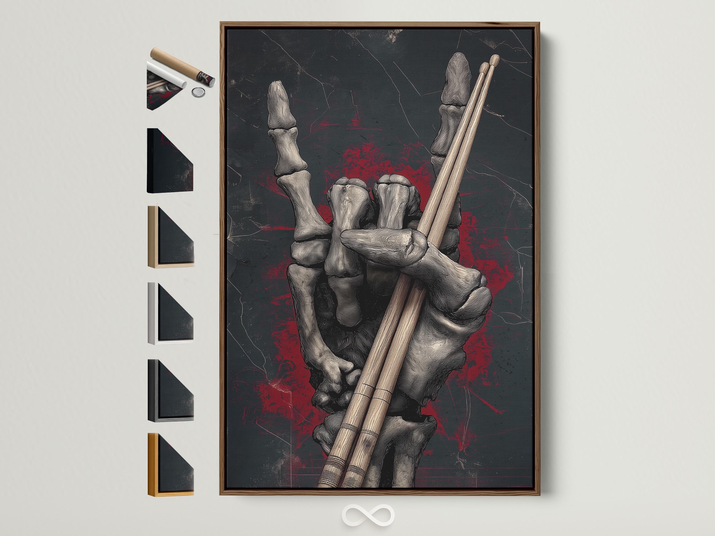 Gothic skeleton hands holding drumsticks on a dark charcoal background with red splatter