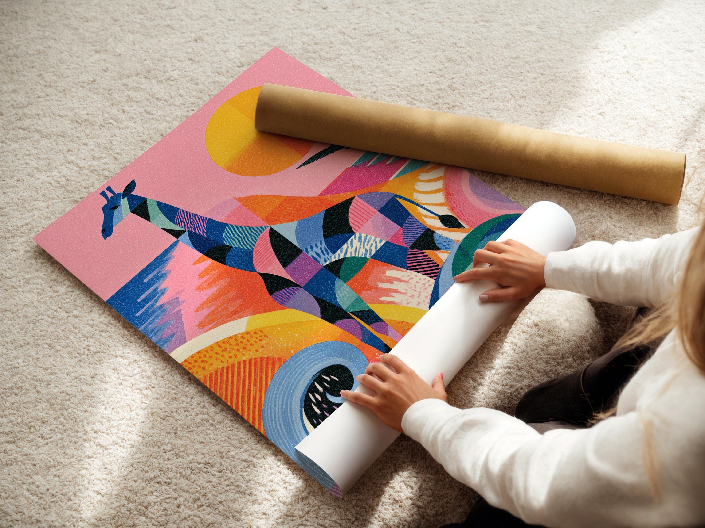 Colourful geometric giraffe artwork with birds in flight and a sun-like circle on a pink background detail view