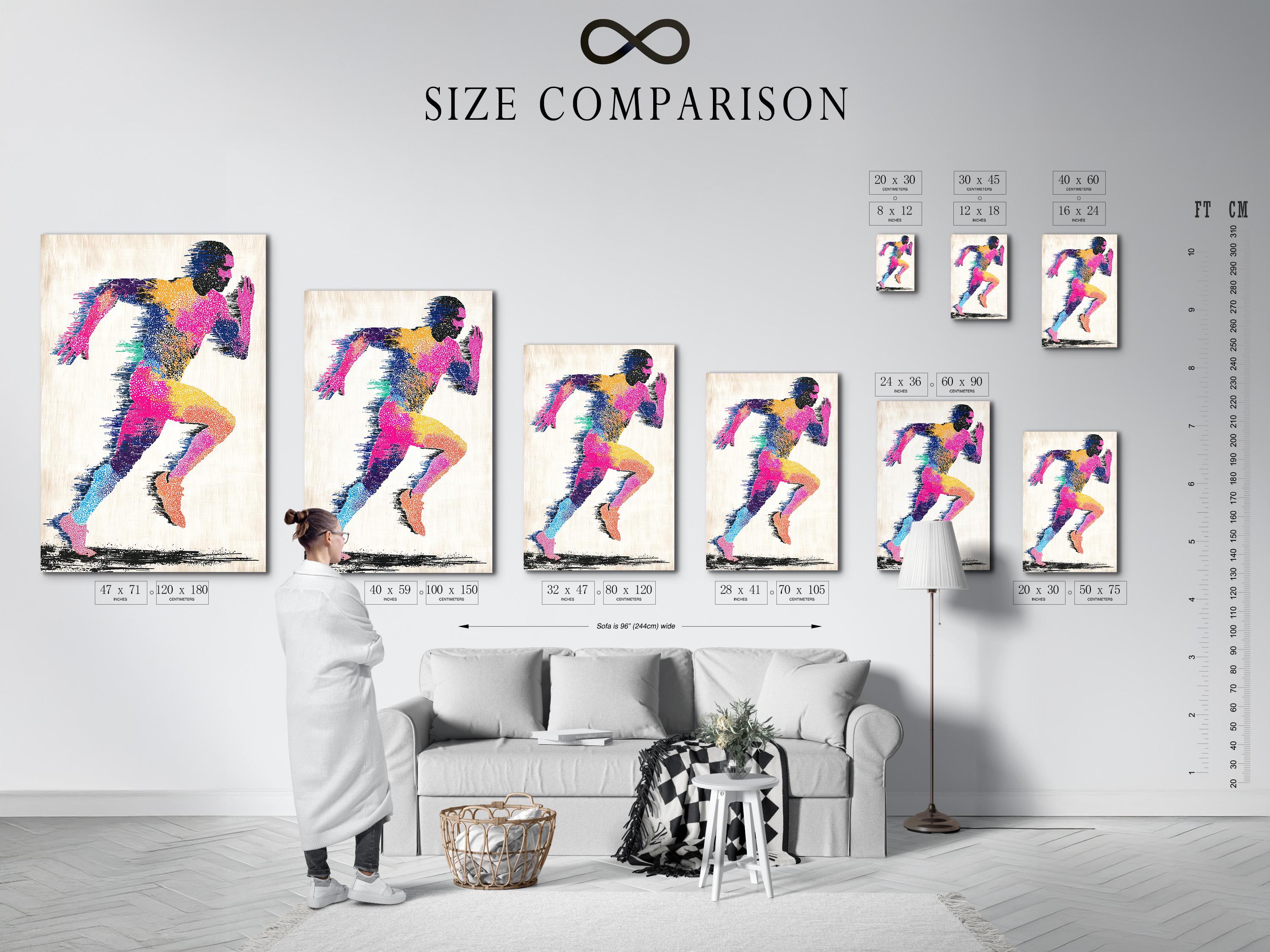 Abstract running man artwork with multicolour speckled figure and black accents detail view