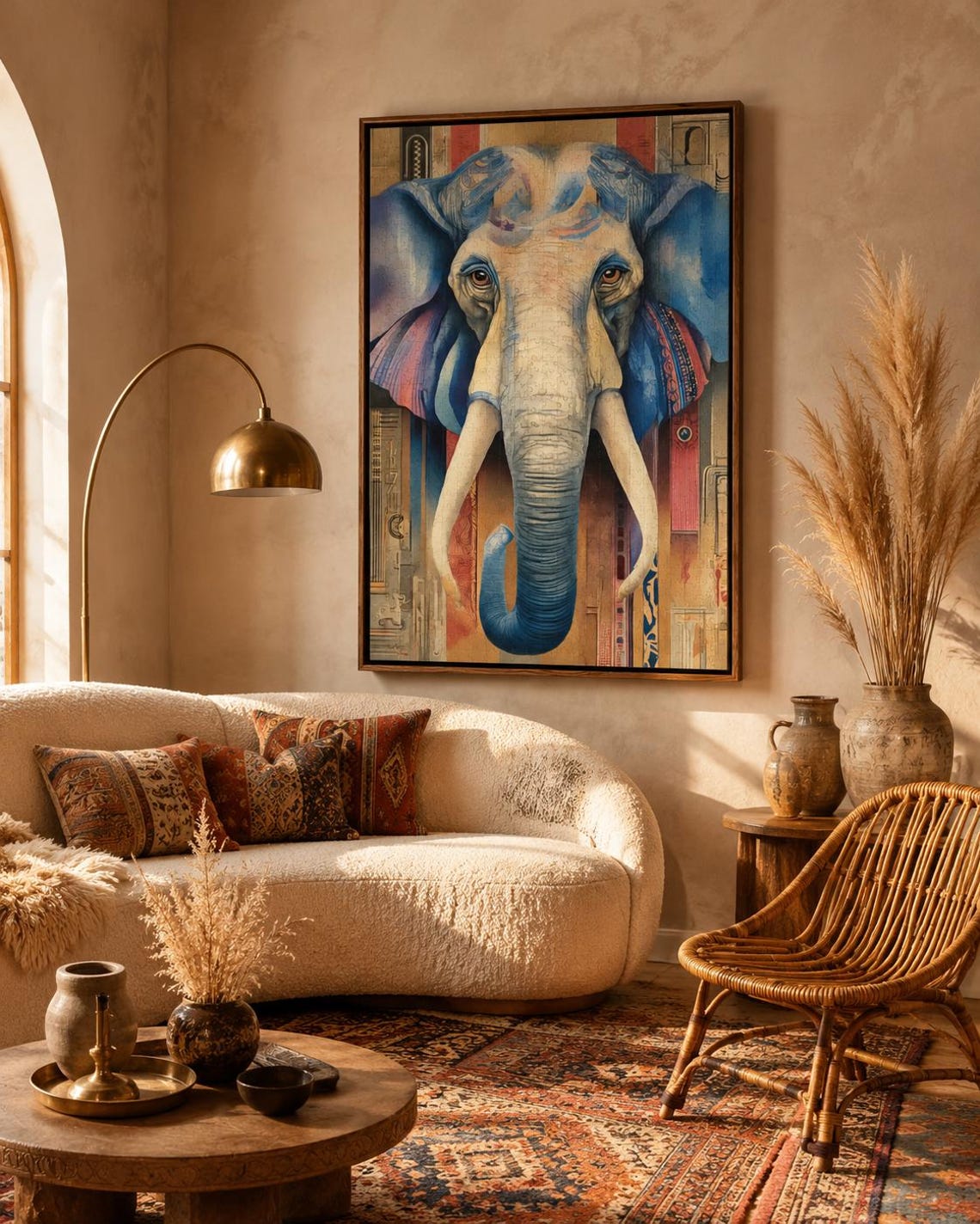 A stylised blue elephant portrait with patterned, map-like details sits centre-stage within a colourful, vintage-inspired background detail view
