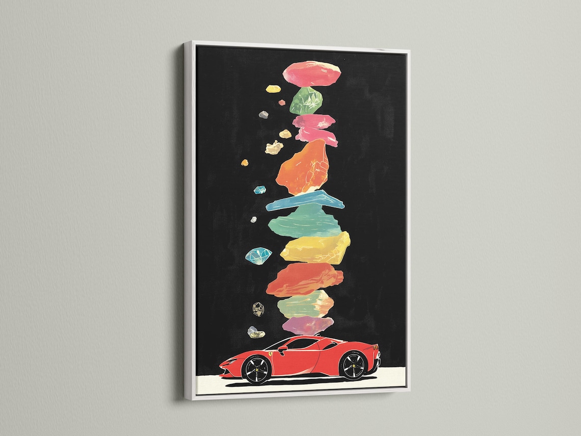 Stylised red sports car with multicolour floating fragments on a dark background detail view