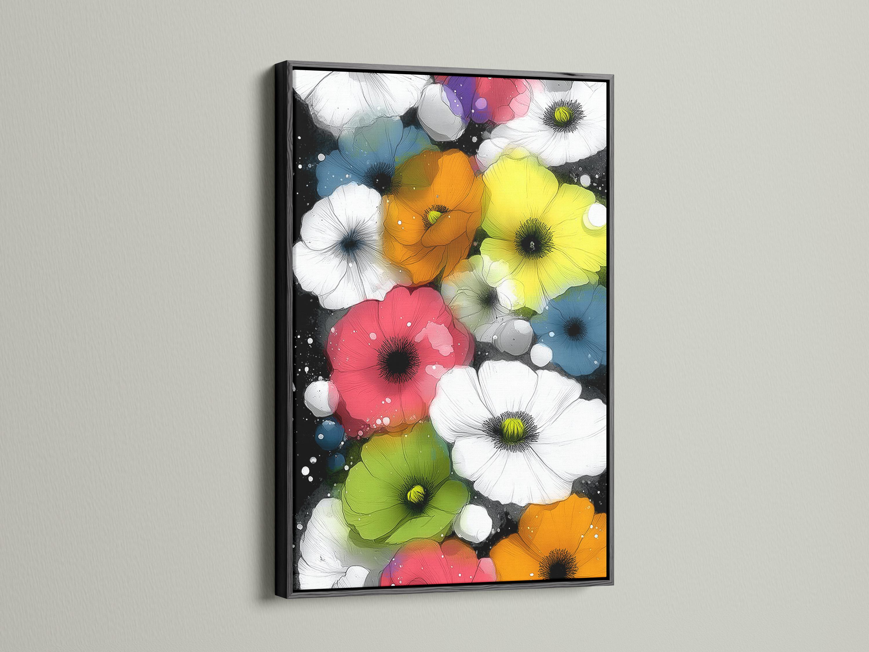 Wall mockup featuring a framed floral artwork with bright poppy-like flowers