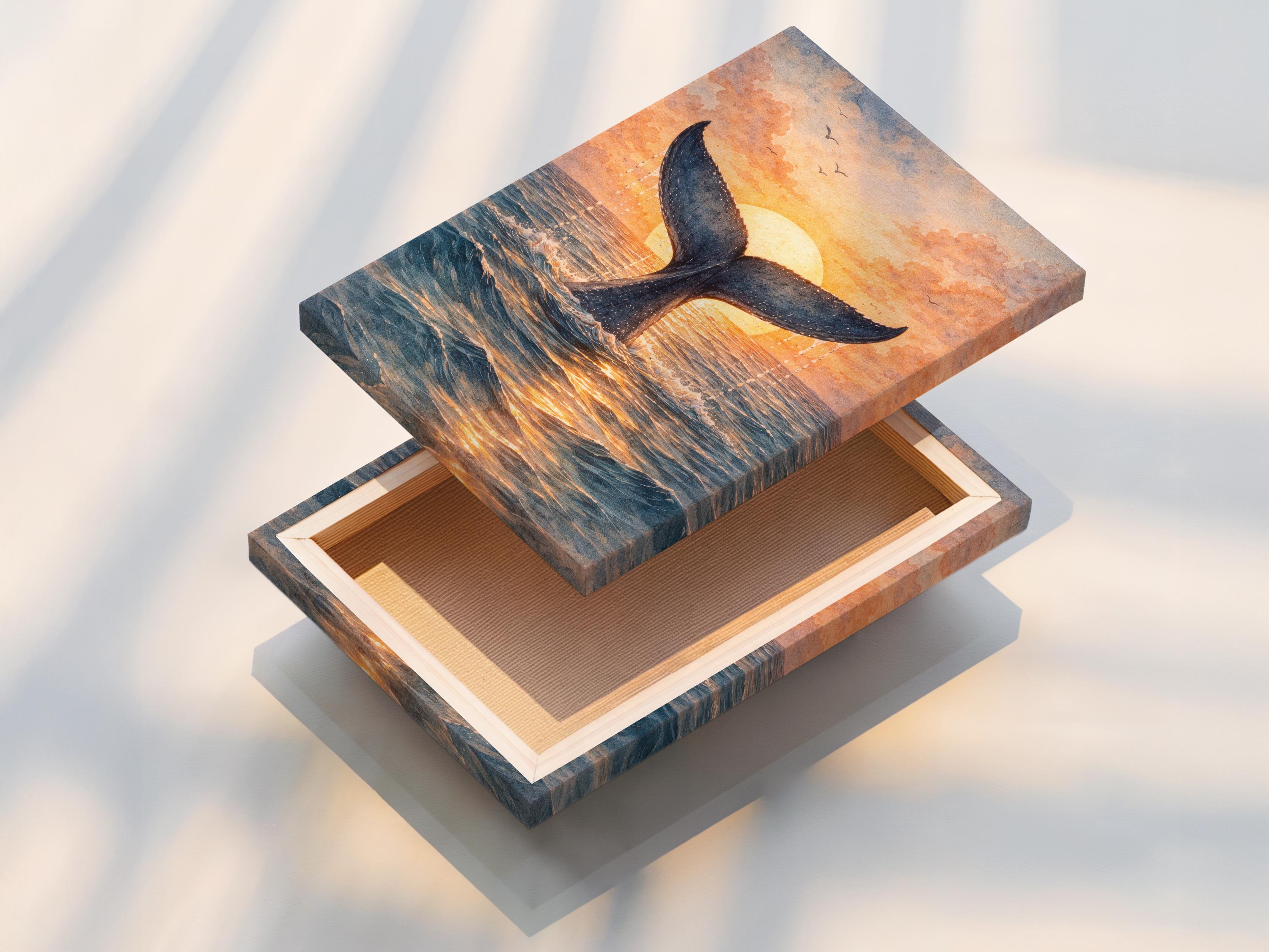 Whale tail sunset artwork hanging in a coastal cafe setting with signs and shelves