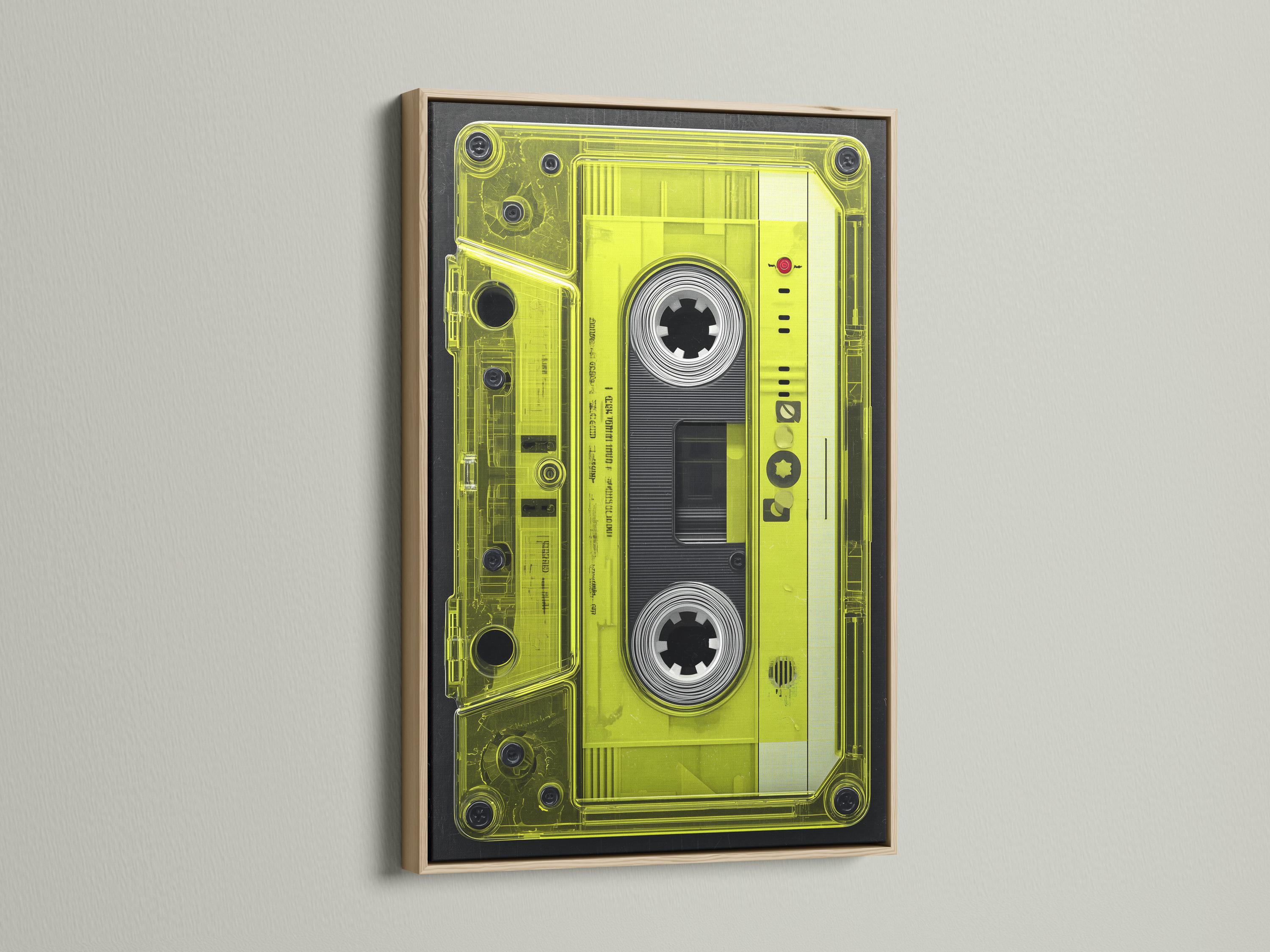 Neon lime cassette tape graphic framed in black with spool circles and a red dot detail detail view