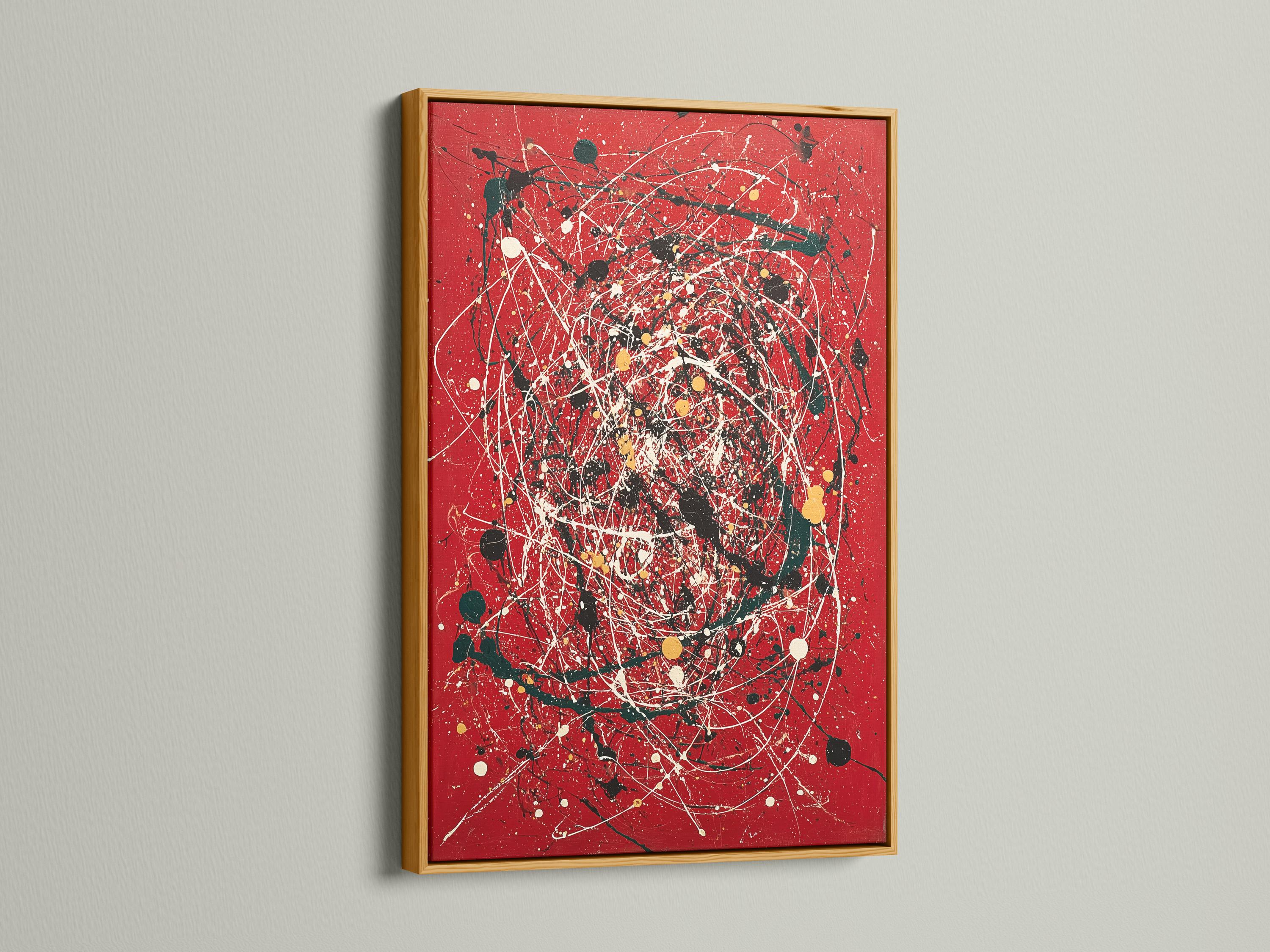 Red abstract artwork with white splatter lines, black and green shapes, and gold dots detail view
