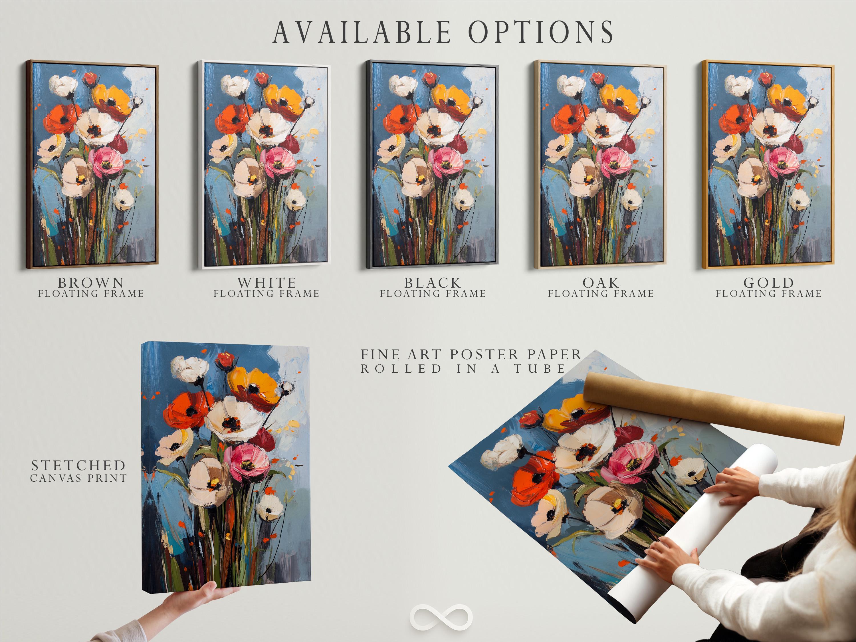 Room mockup showing framed floral artwork with poppy-like blooms and a blue background