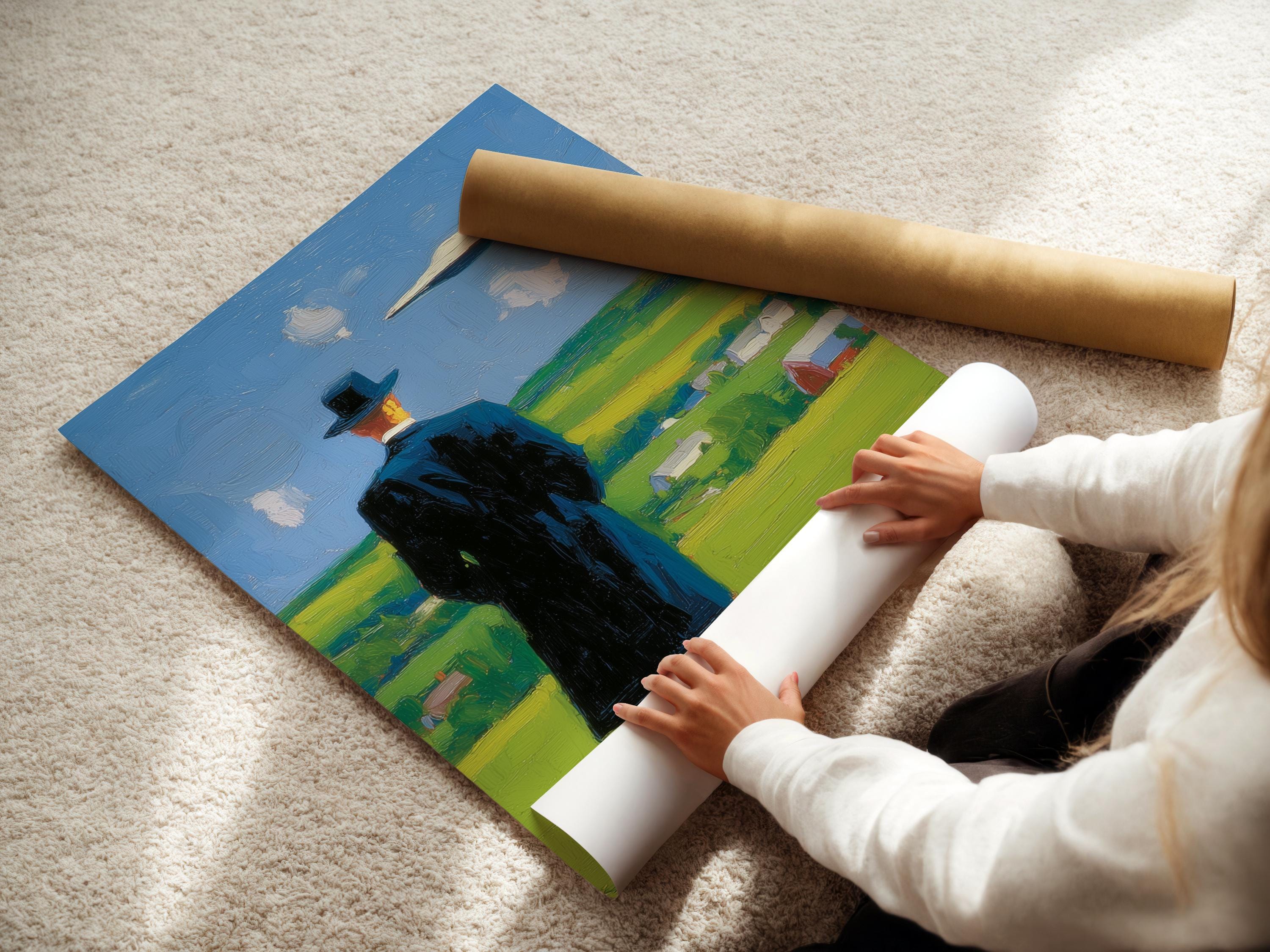 Man in a top hat looking up at a hovering UFO in a blue sky over green countryside detail view