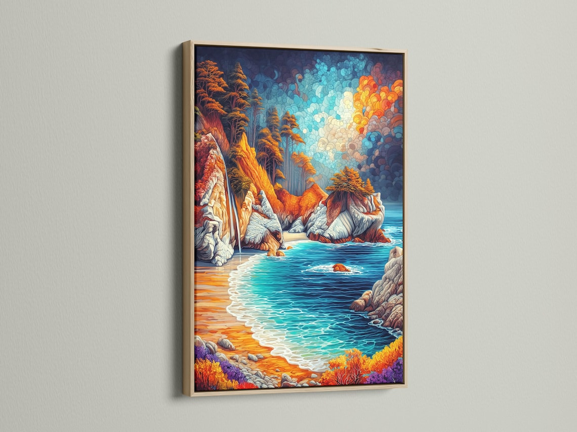 Vibrant ocean shoreline seascape with turquoise waves, orange cliffs and textured blue sky circles detail view