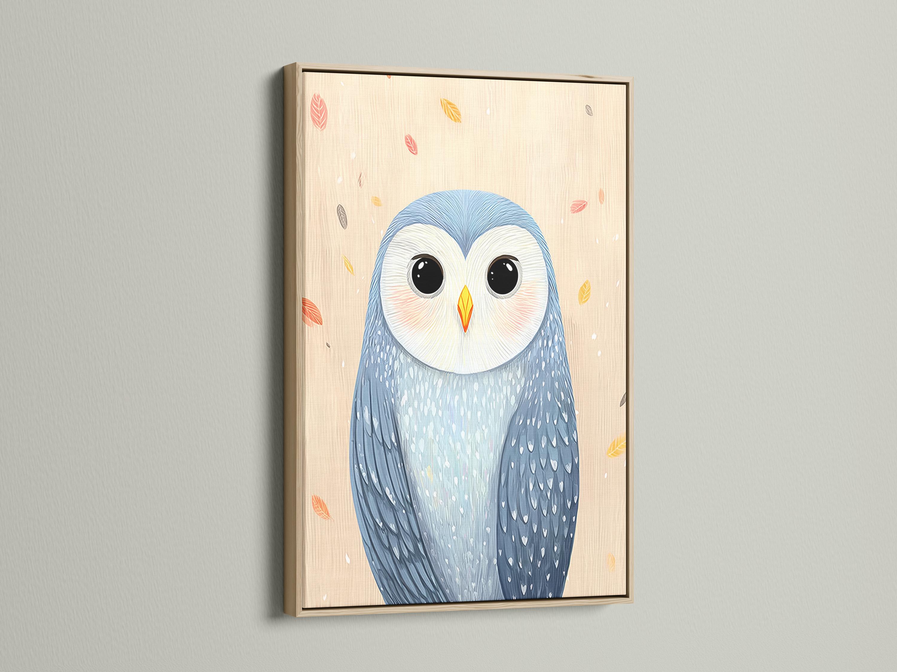 Illustrated owl portrait with big dark eyes, soft blue feathers and scattered pastel leaves on cream background detail view