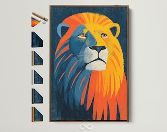 Lion Art Print - Blue & Orange Animal Wall Art, Modern Safari Decor, Living Room Canvas, Graphic Illustration, Gift for Him, Man Cave Art