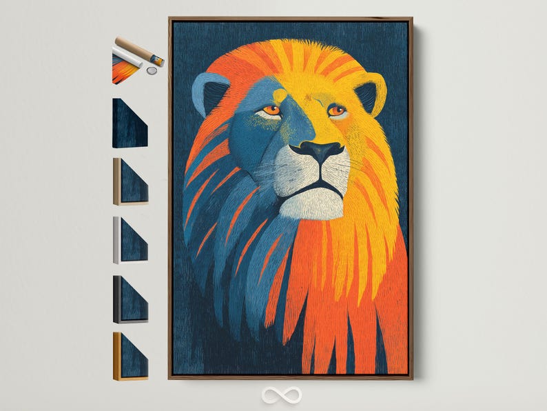 Stylised lion portrait in blue with orange and yellow mane streaks