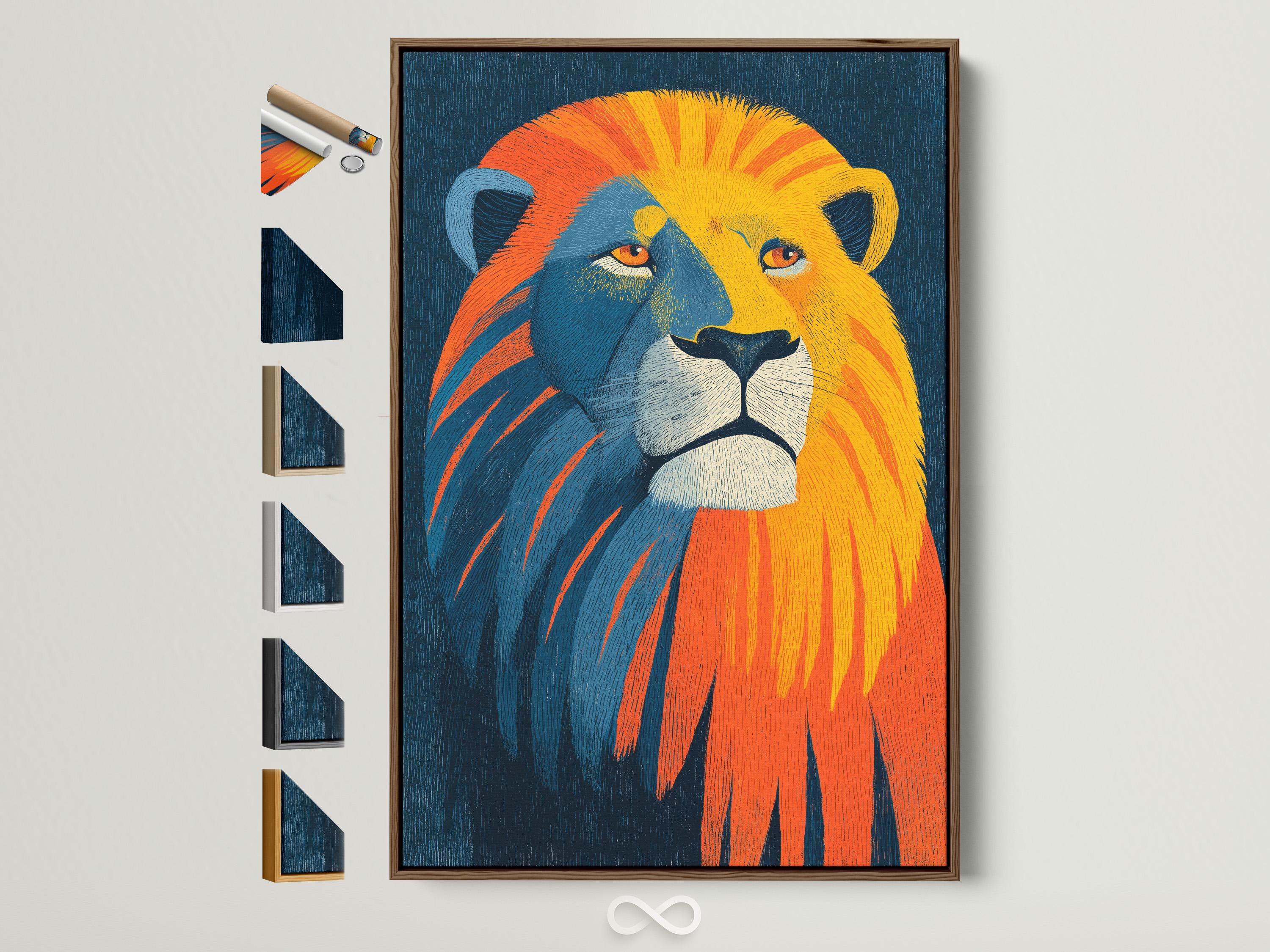 Stylised lion portrait in blue with orange and yellow mane streaks