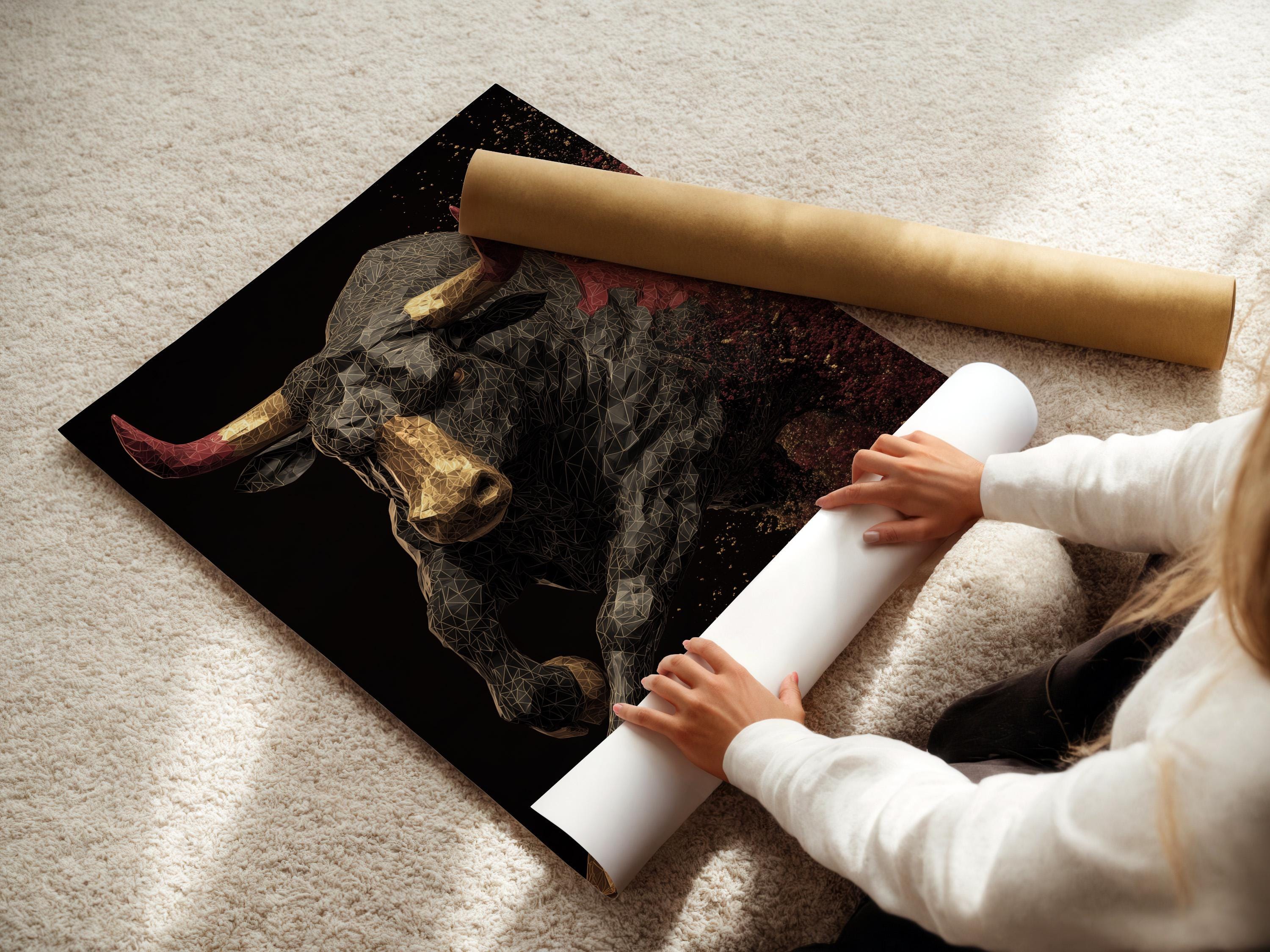 A geometric bull portrait in gold, black and grey sits against a dark background, with red horn accents and a sparkling speckled sky on the right