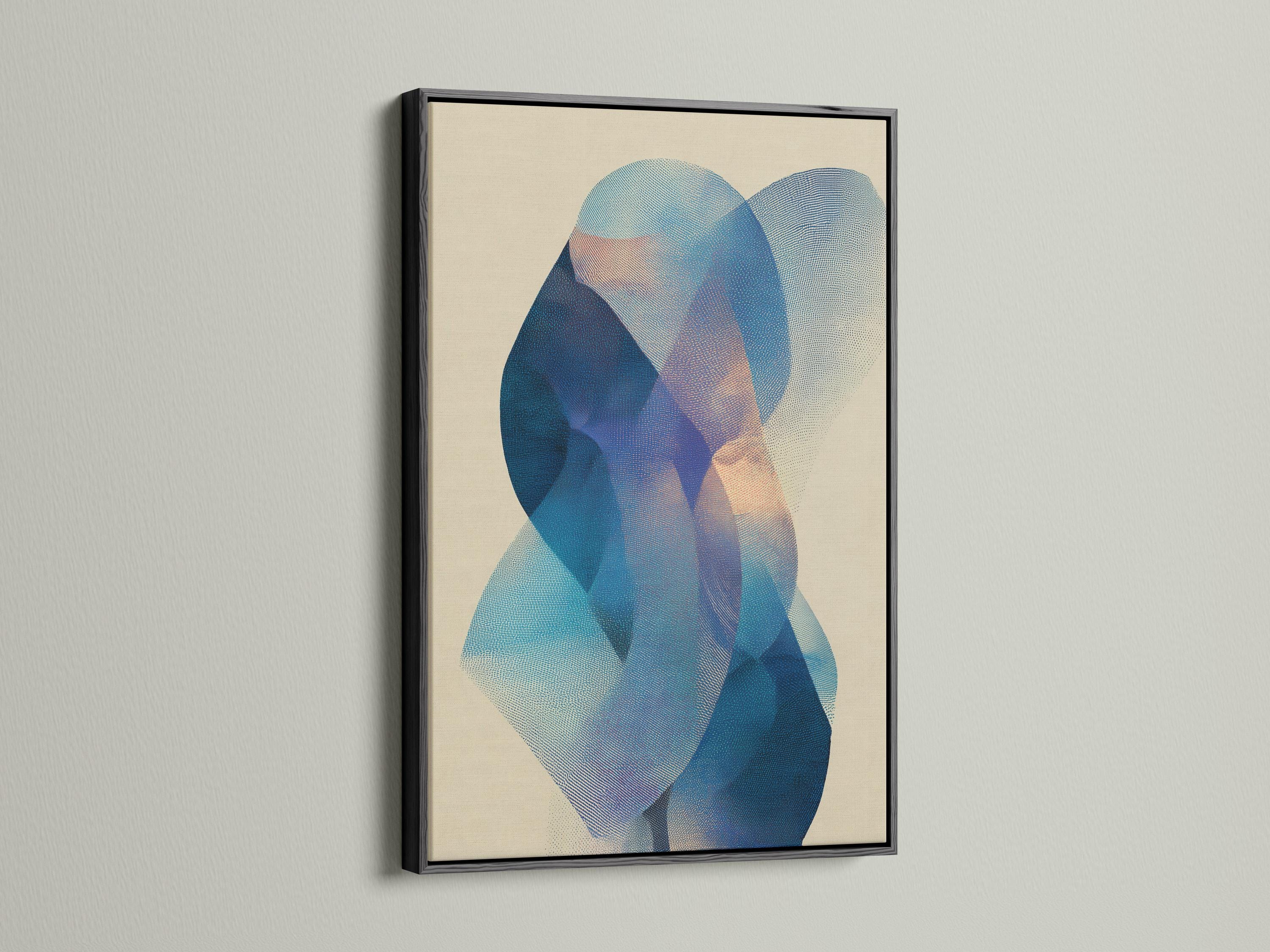 Abstract beige artwork with layered blue and teal circular shapes and a stippled texture detail view