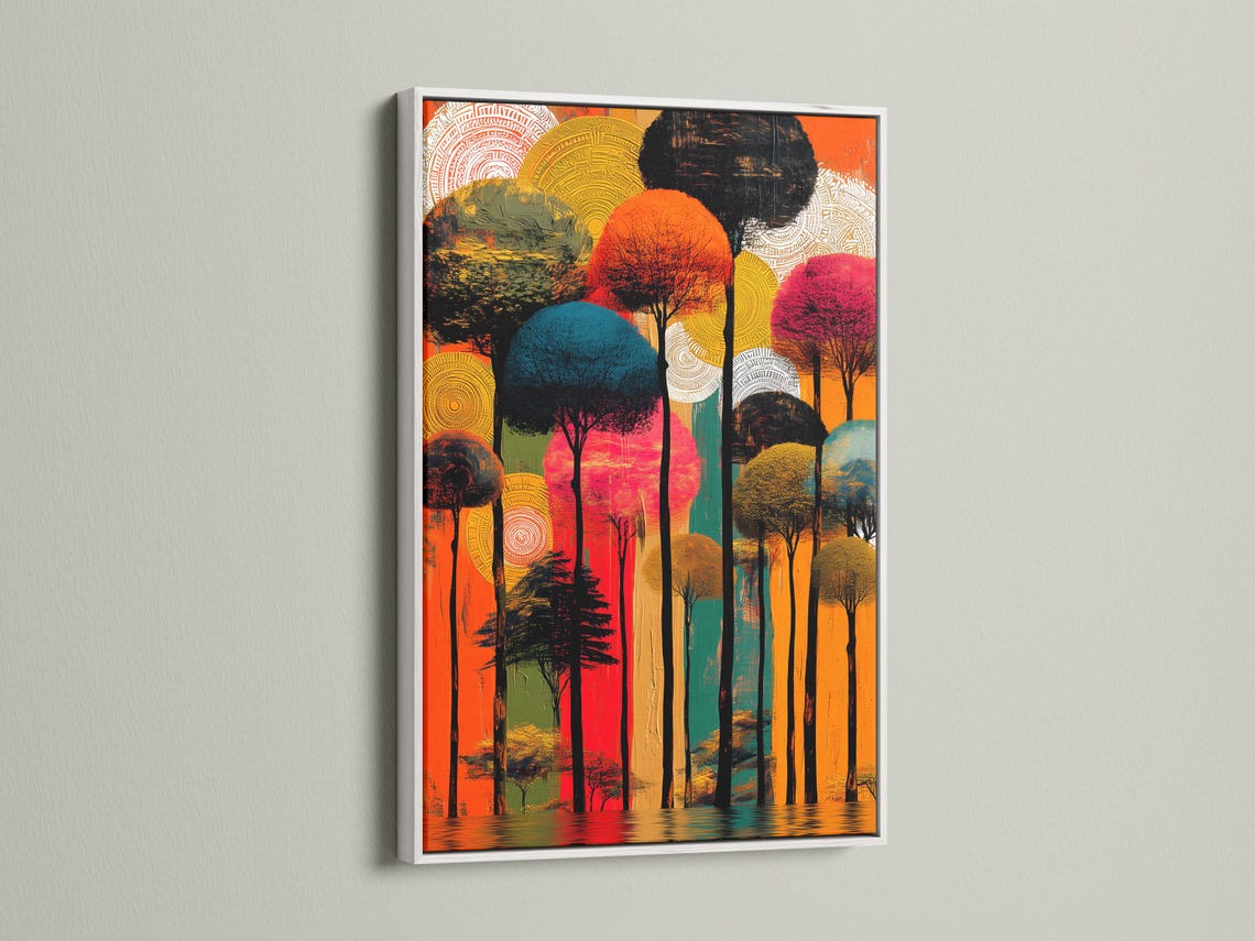 Wall mockup featuring an abstract forest artwork with orange and teal tones and circular line patterns