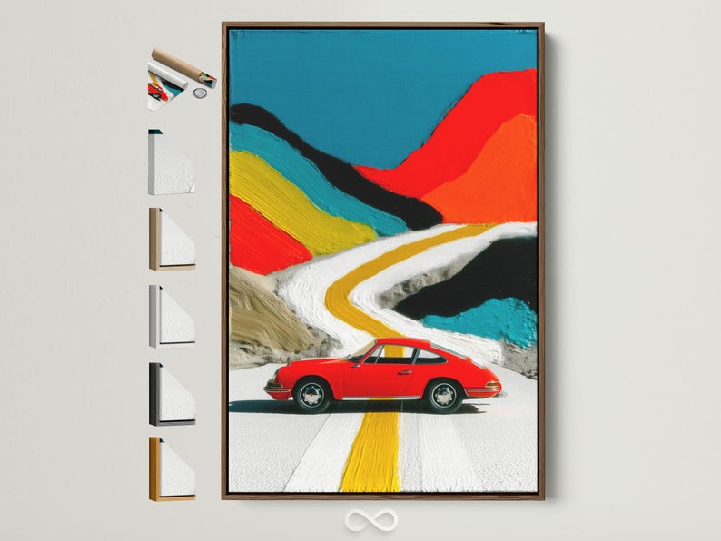 Red classic car on a winding white road with a yellow centre line and teal and red abstract backdrop