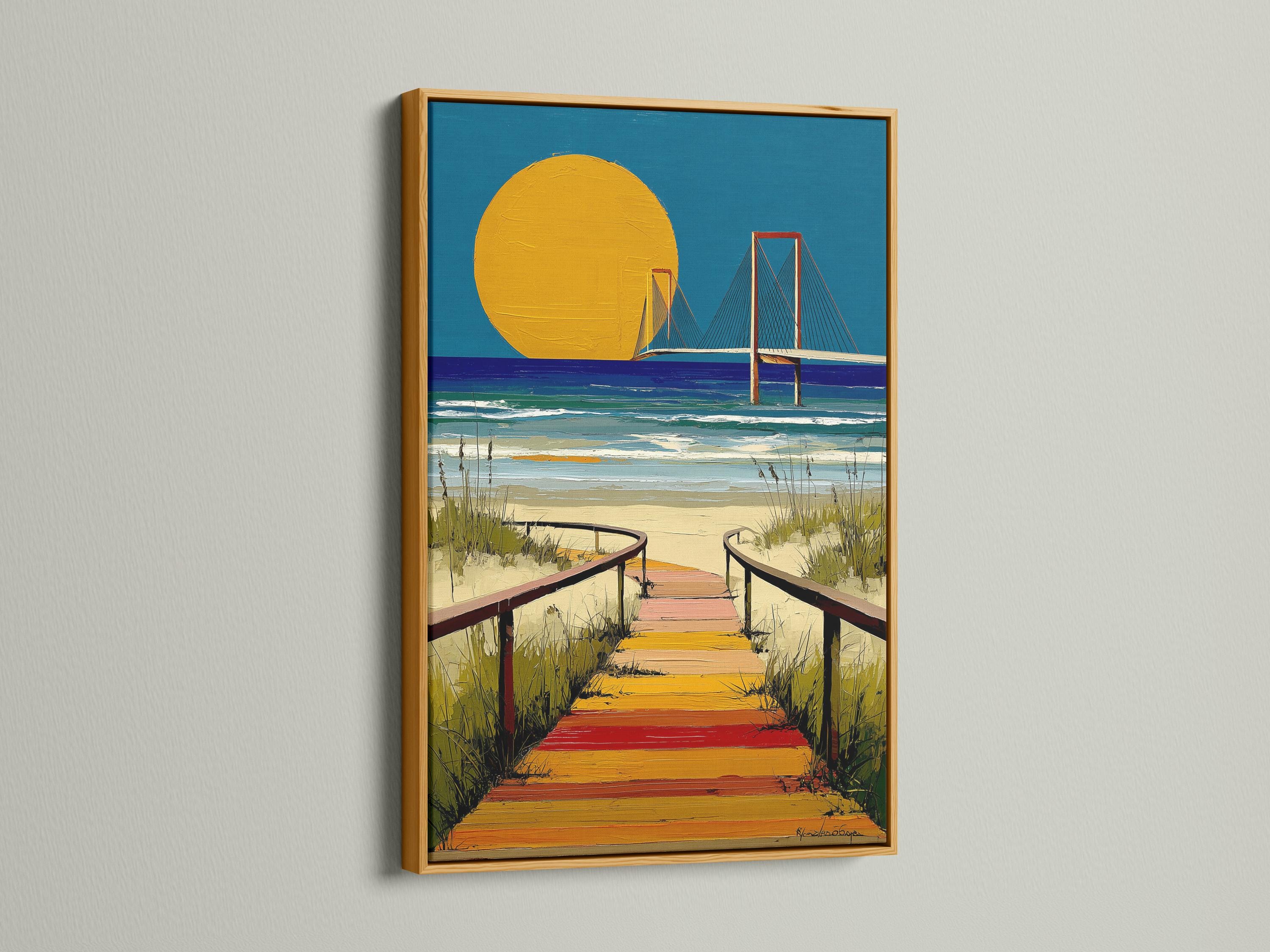 Portrait coastal artwork with golden sun, blue ocean, and a bridge over waves detail view