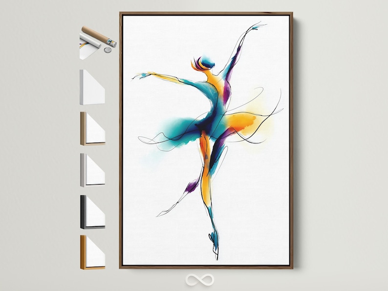 Ballet dancer illustration with teal, purple, and gold swirls on a white background