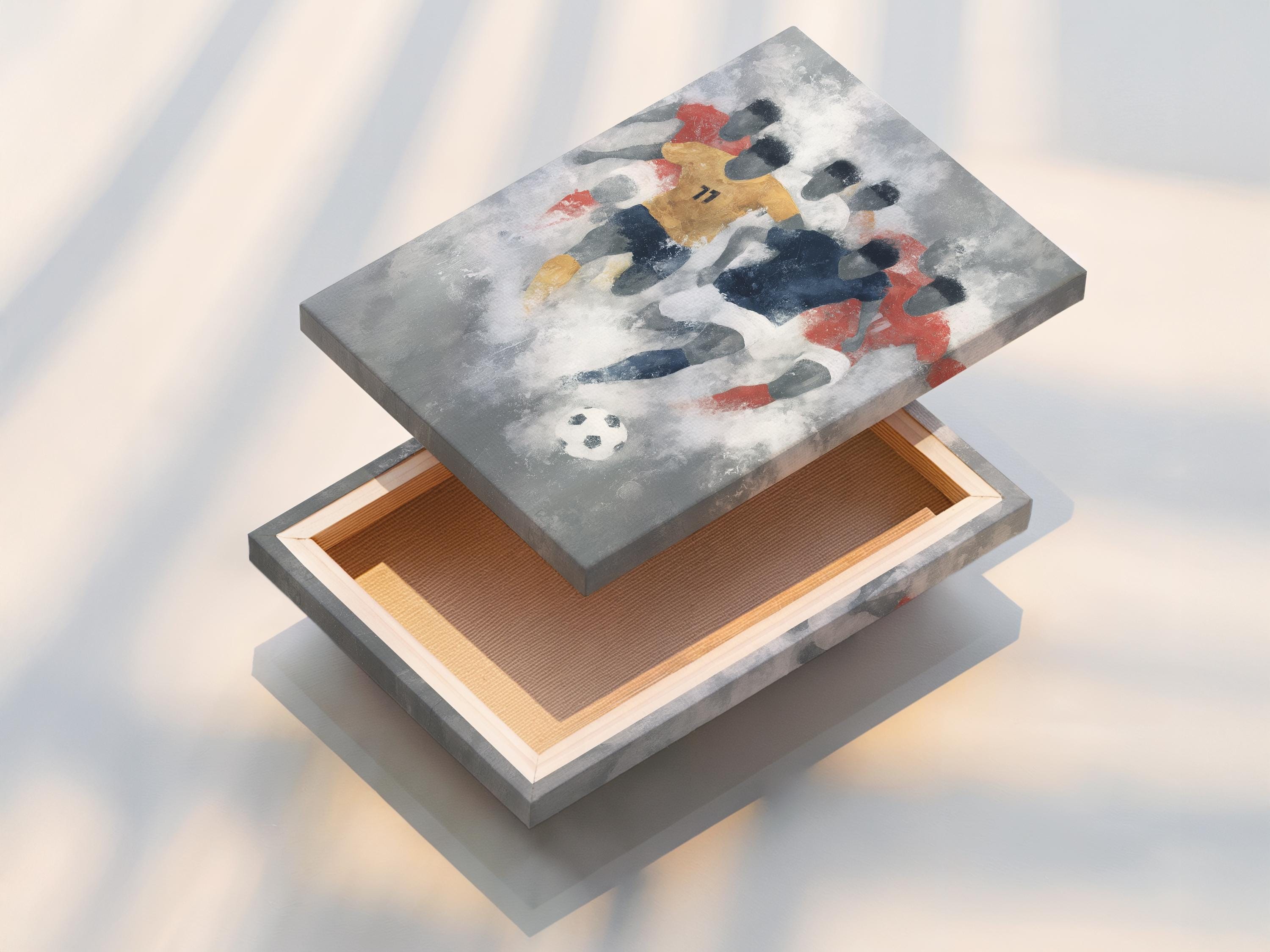 Abstract football scene with stylised players in red and navy and a small black-and-white football detail view