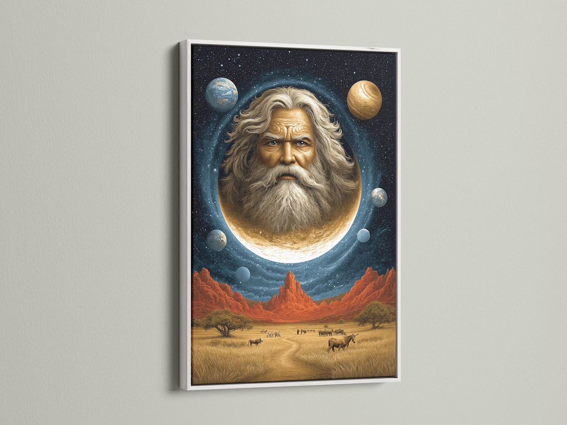 Room mockup showing a framed surreal celestial portrait with a glowing moon and desert landscape