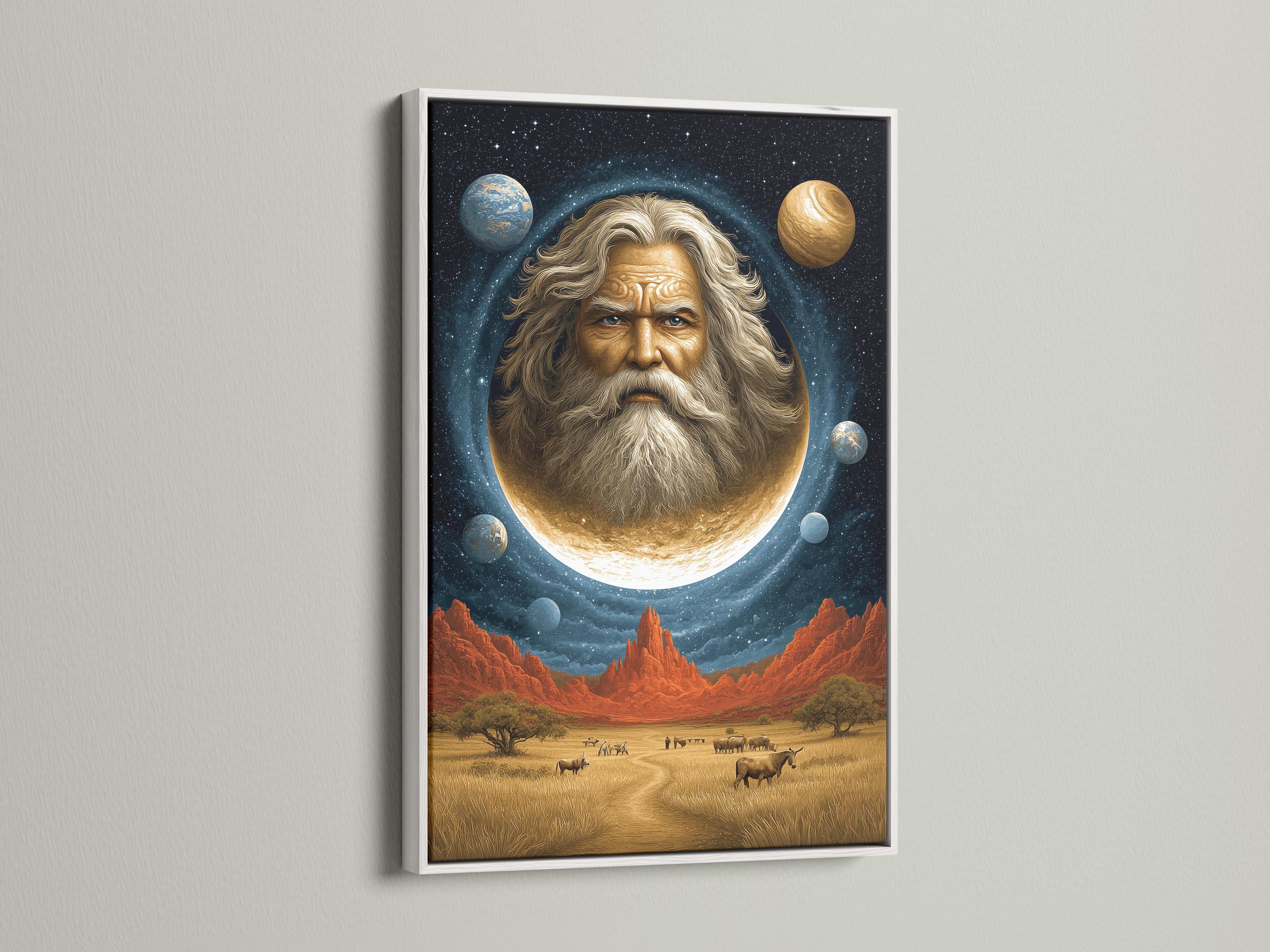 Room mockup showing a framed surreal celestial portrait with a glowing moon and desert landscape