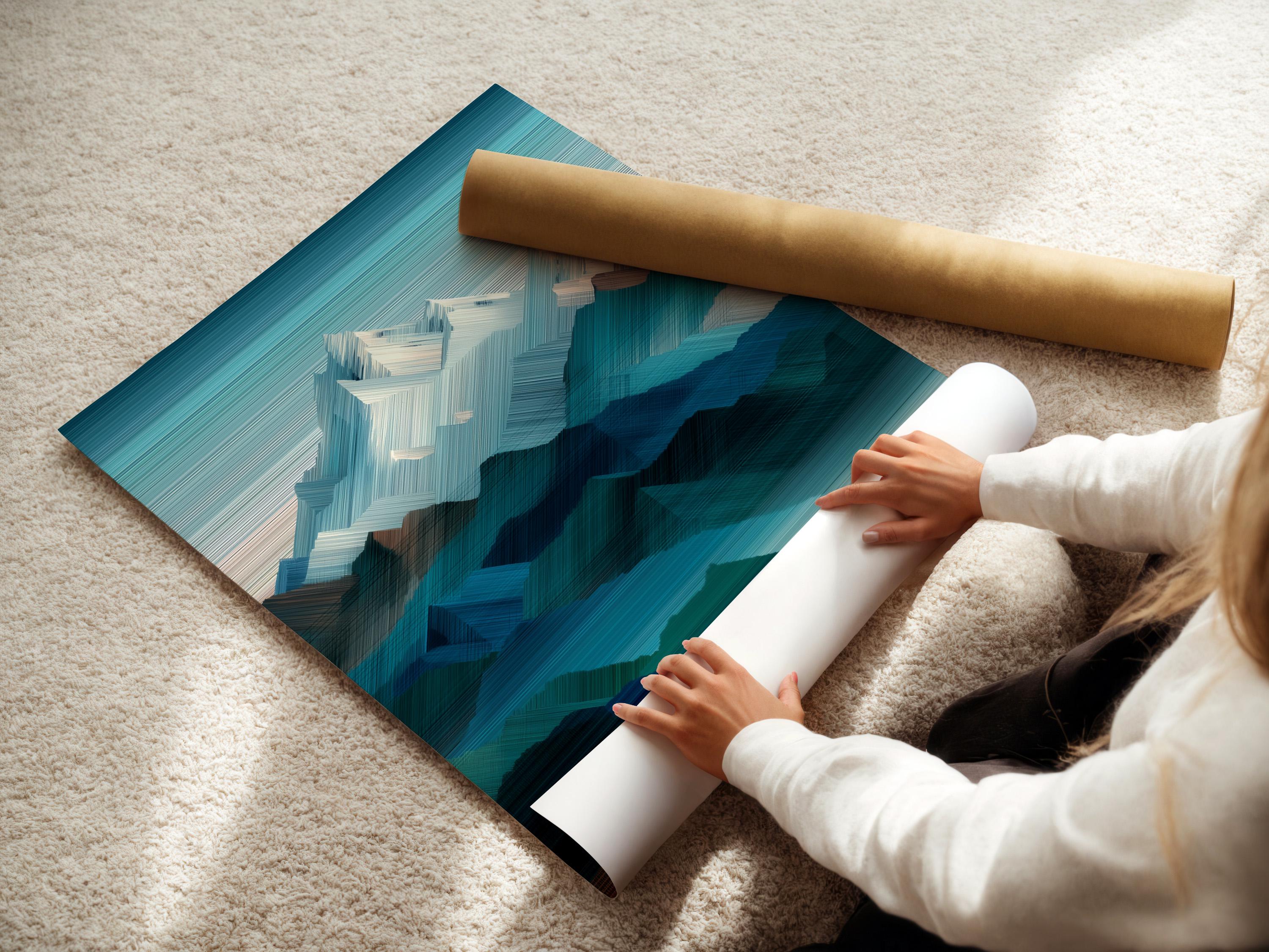 Abstract geometric mountainscape artwork with teal, navy and white peaks detail view