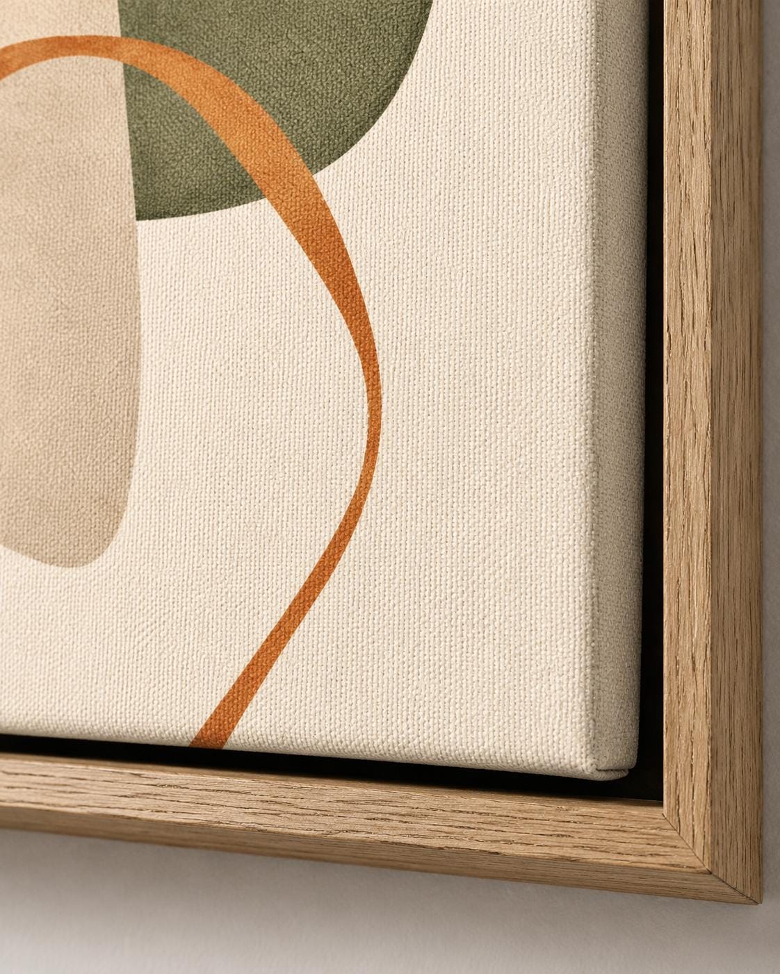 A set of three framed botanical-style artworks shows abstract leaf shapes, geometric blocks and lines in muted greens and terracotta on light detail